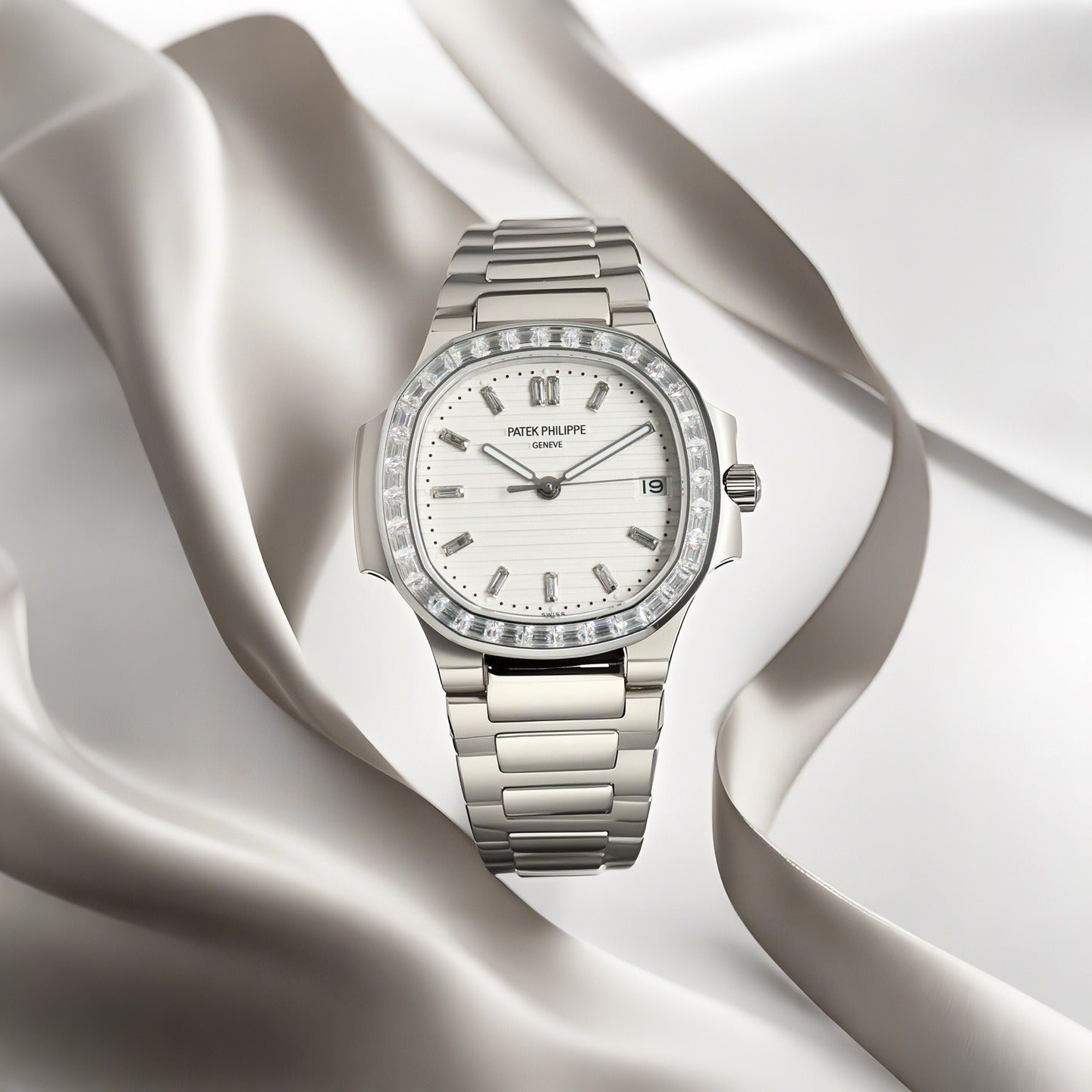 Patek Philippe Nautilus Style Automatic Watch | Gem-Set Bezel, Steel & Rose Gold