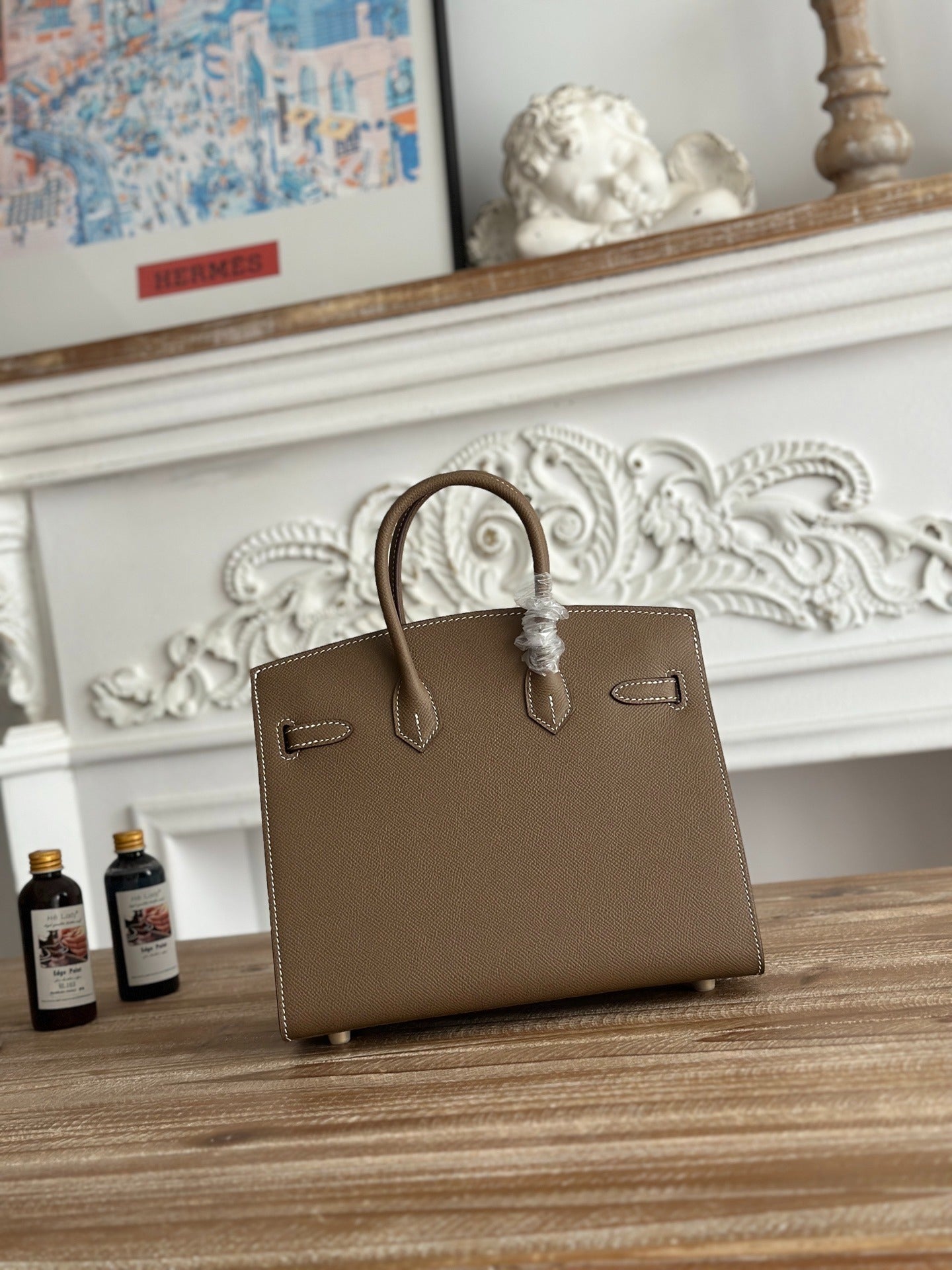 Birkin Style Handbag 25cm | Imported Epsom Leather | Large Gray, Gold Hardware