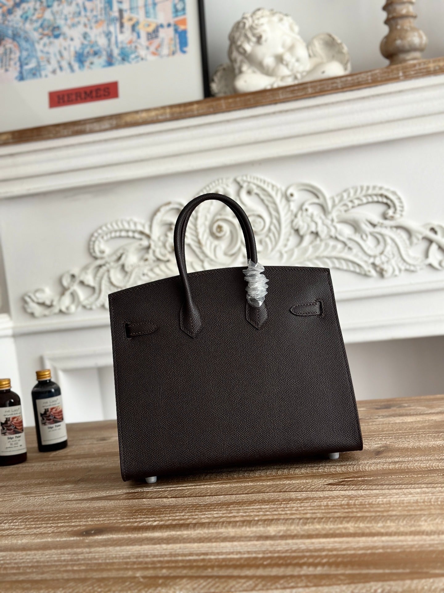 Birkin Style Handbag 25cm | Imported Epsom Leather | Rich Brown, Silver Hardware
