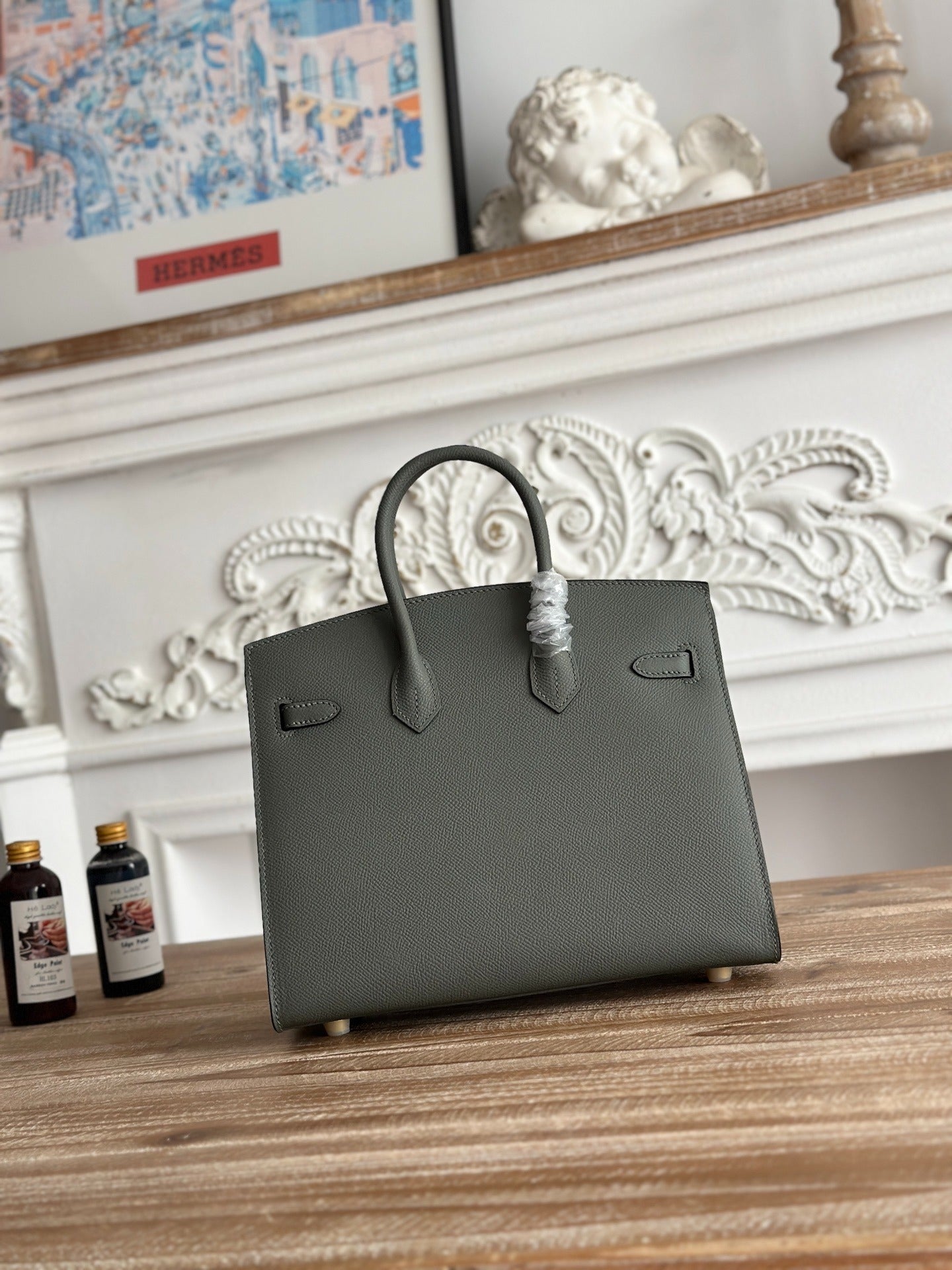 Hermes Birkin Style Handbag 25cm | Imported Epsom Leather | Pewter Grey