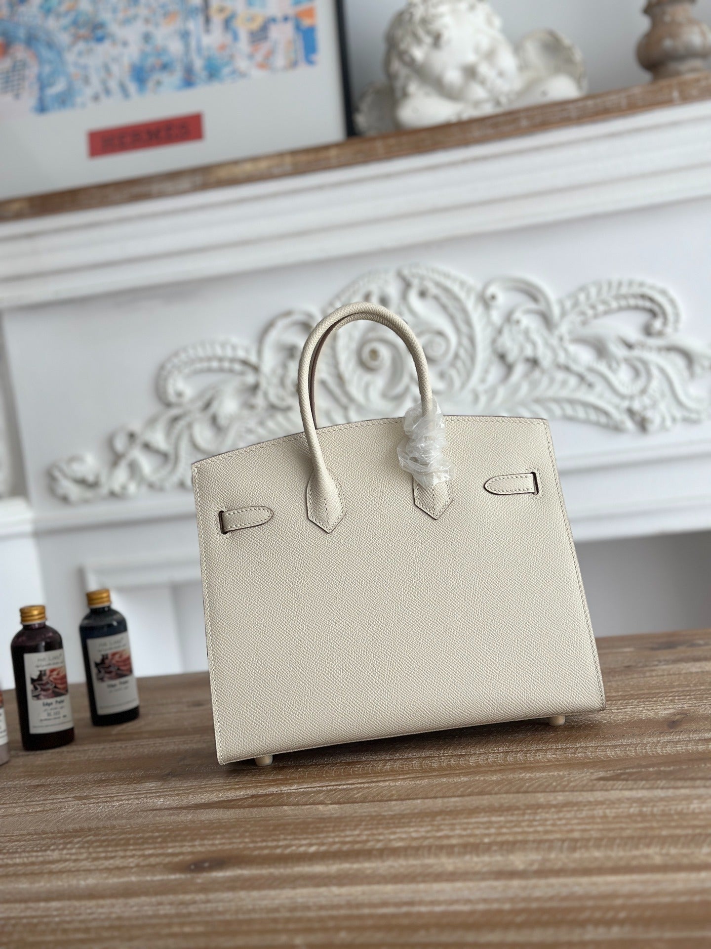 Birkin Style Handbag | 25cm Epsom Leather Tote | Creamy Off-White, Gold Hardware