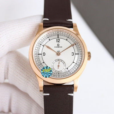 Omega with Railroad Track Minuterie and Brown Leather Strap