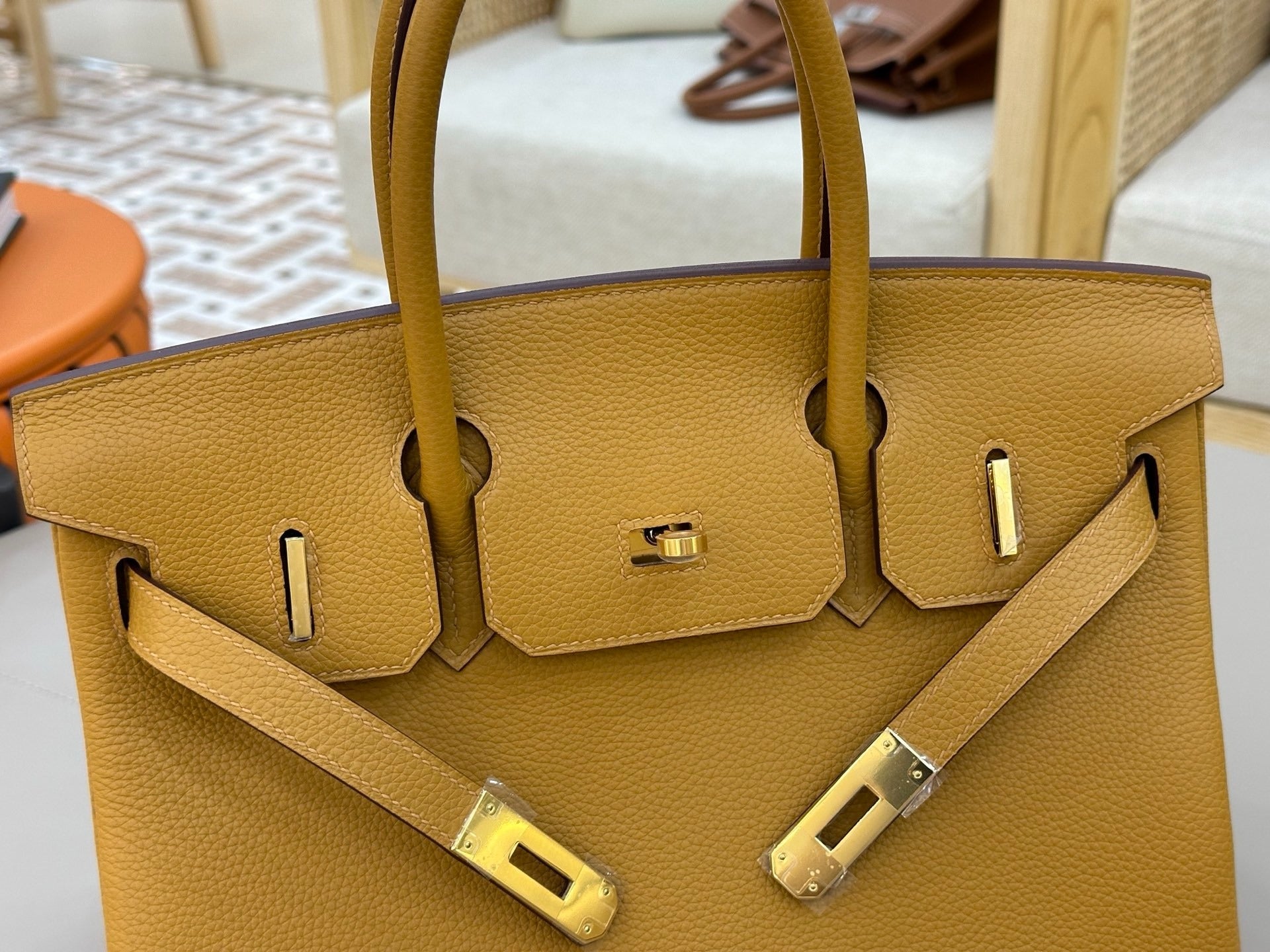 Birkin Style Handbag 30cm | Mustard Yellow Grained Leather | Gold Hardware