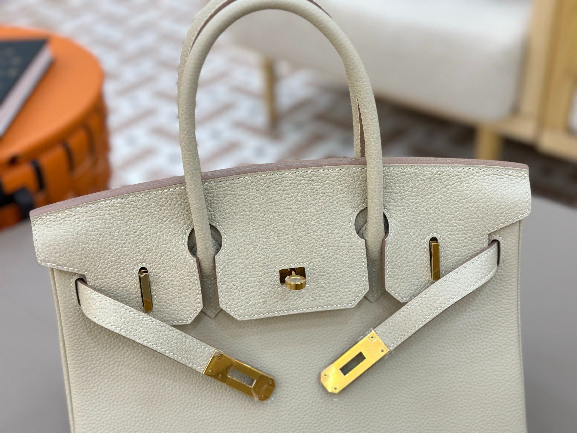 Birkin Style Handbag 30cm | Creamy Off-White Grained Leather | Gold Hardware