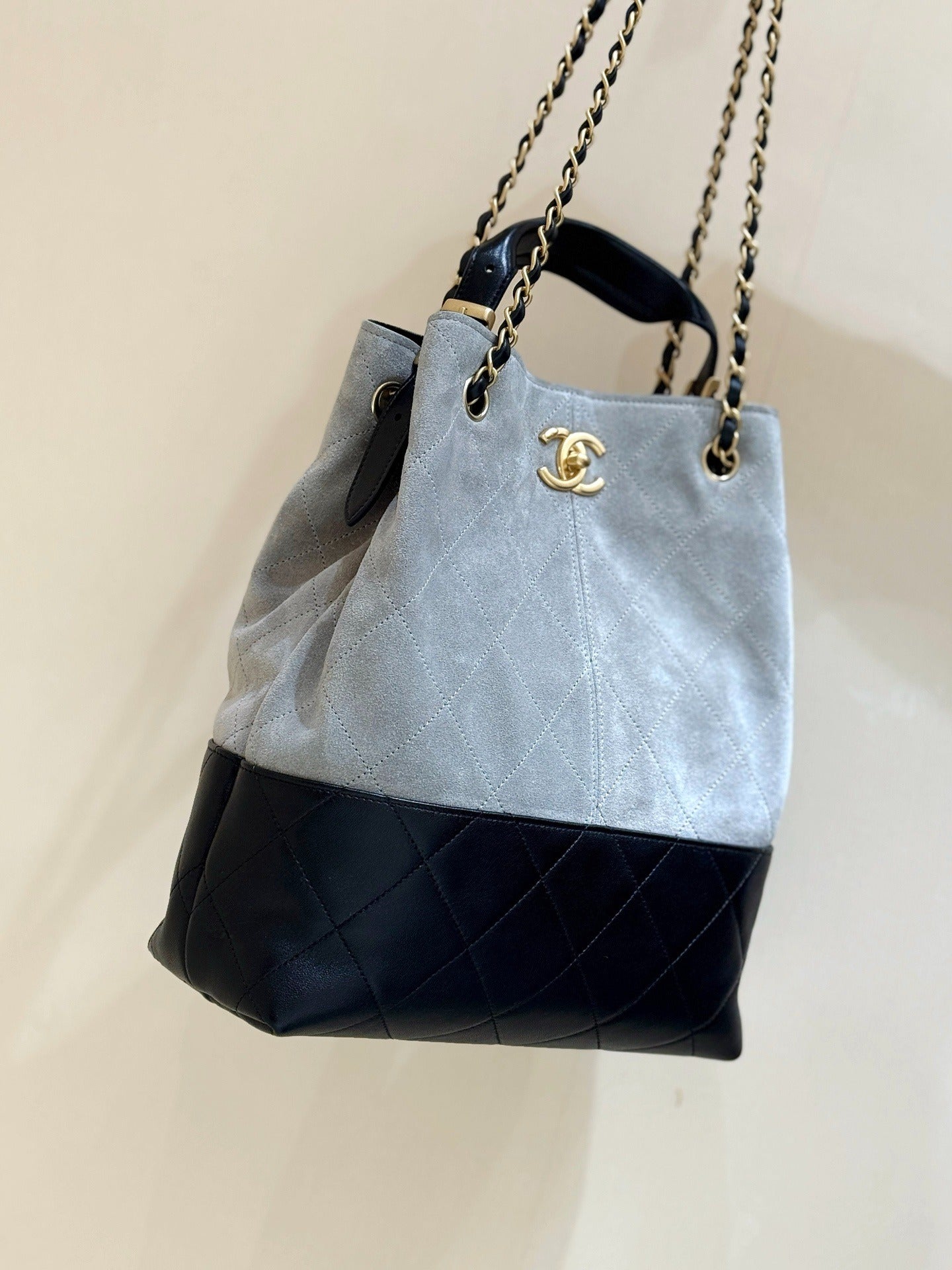 Chanel Gabrielle Hobo Bag | Grey Suede Black Quilted Leather Gold Chain