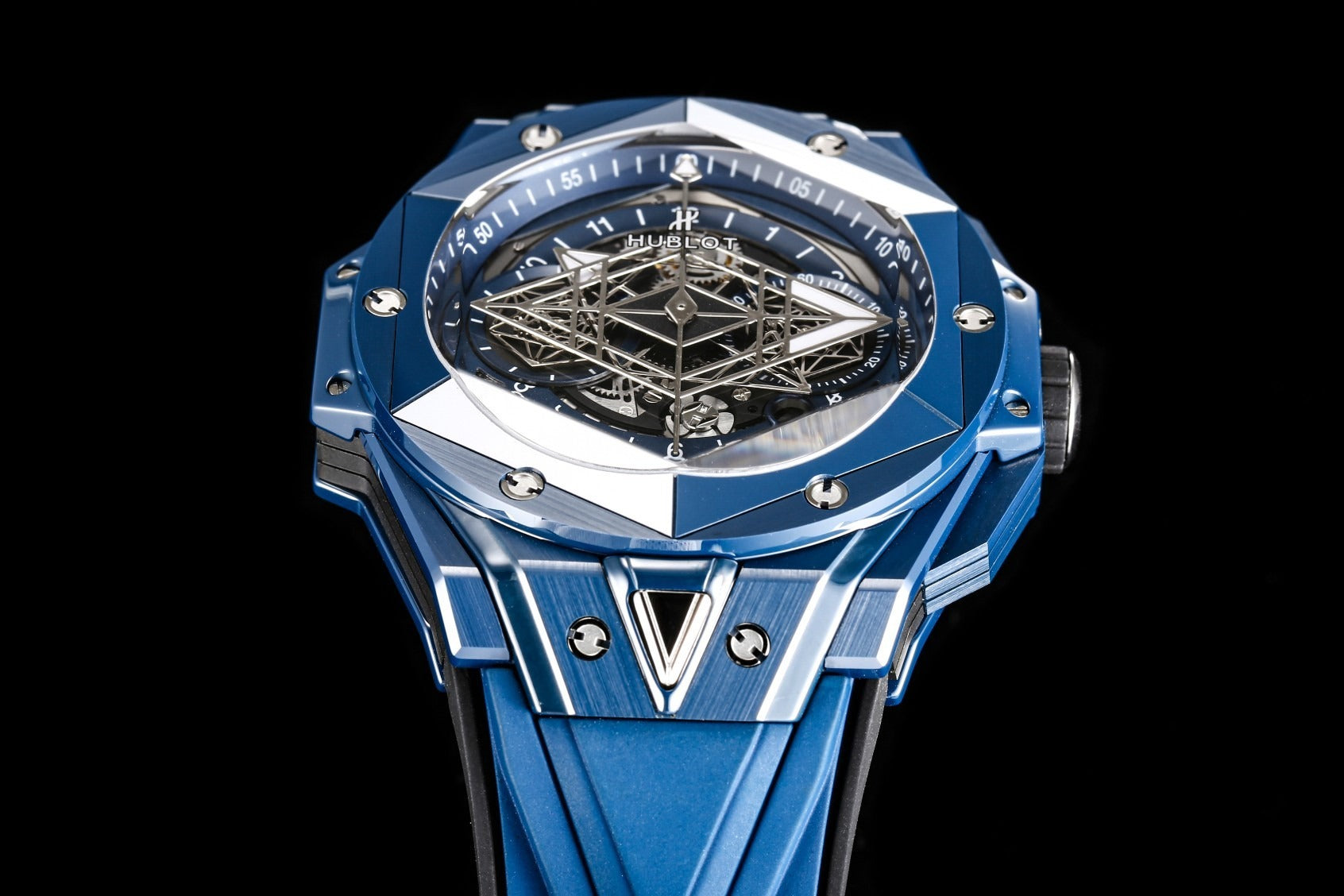 Blue Ceramic Hublot Sang Bleu with Geometric Skeleton Dial
