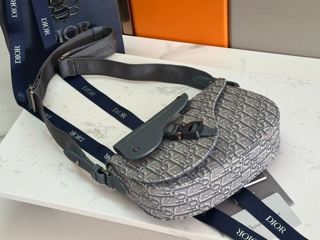 Christian Dior Saddle Bag | Grey Oblique Monogram Jacquard | Tactical Strap