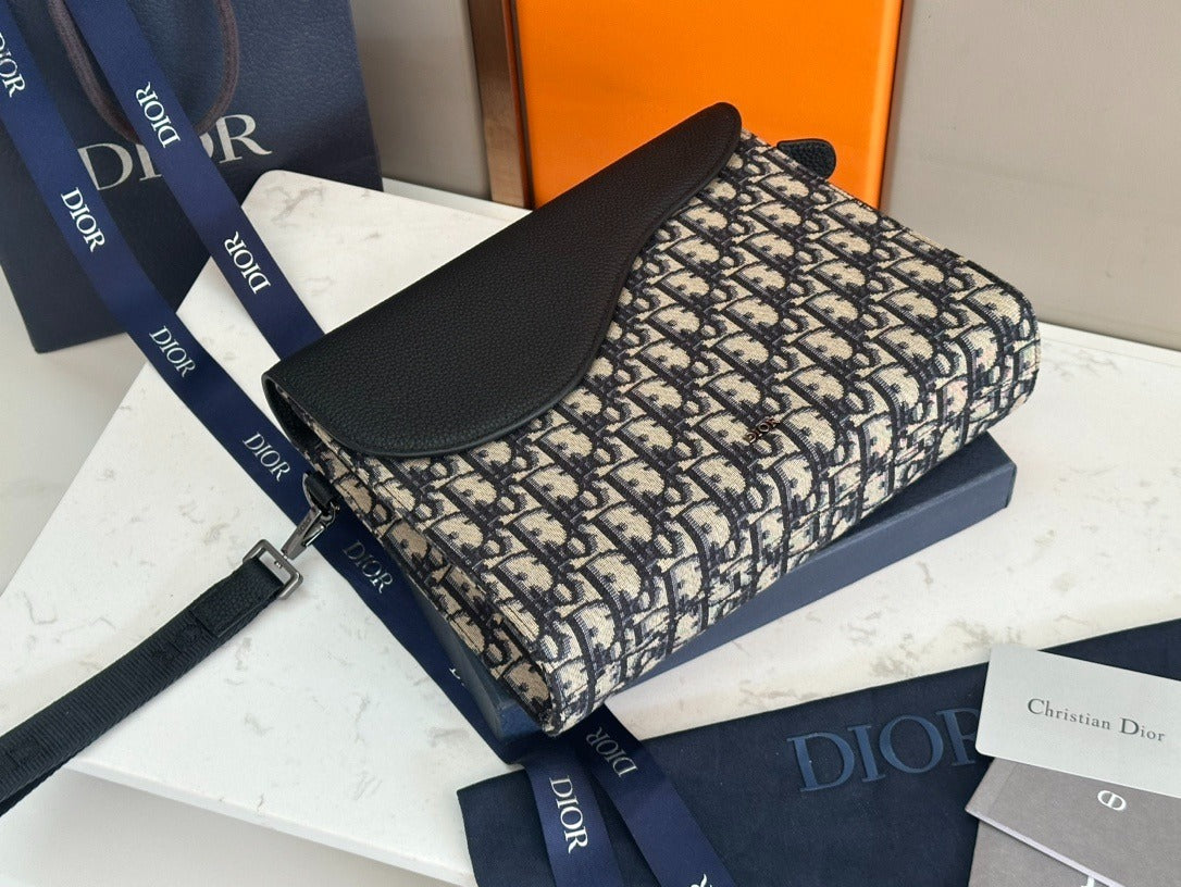 Christian Dior Oblique Flap Pouch | Blue Monogram Jacquard Leather