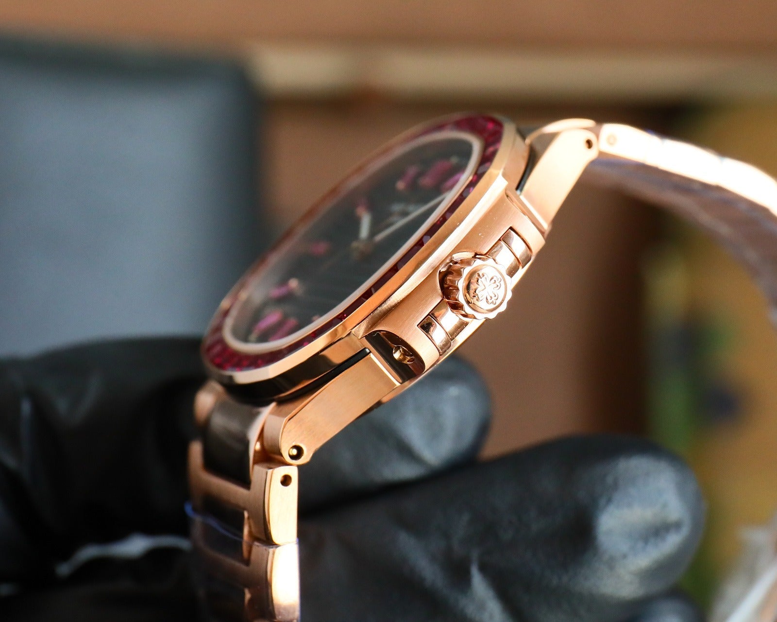 Patek Philippe Nautilus Style Automatic Watch | Ruby-Set Bezel, Rose Gold & Steel