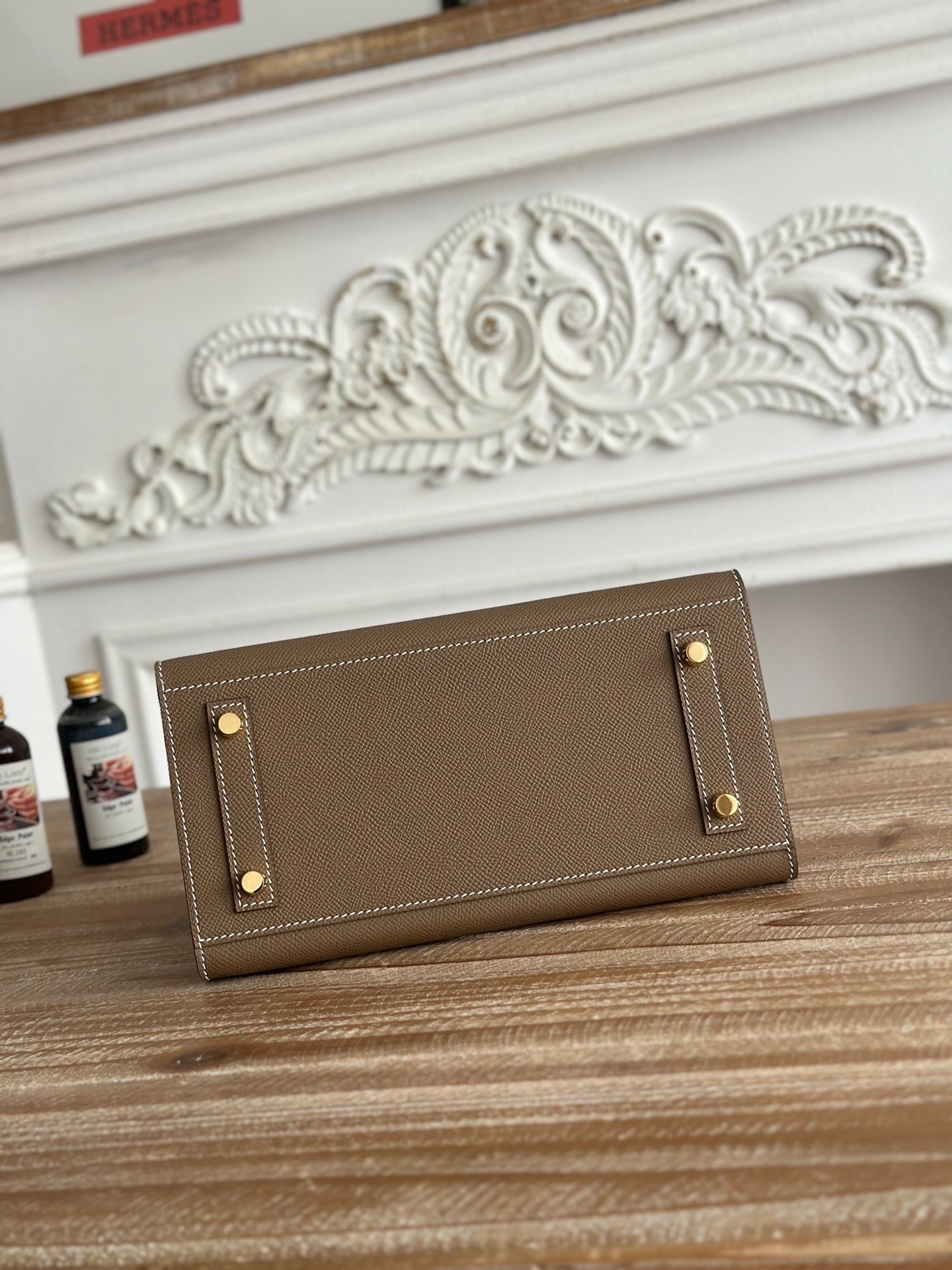 Birkin Style Handbag 25cm | Imported Epsom Leather | Large Gray, Gold Hardware