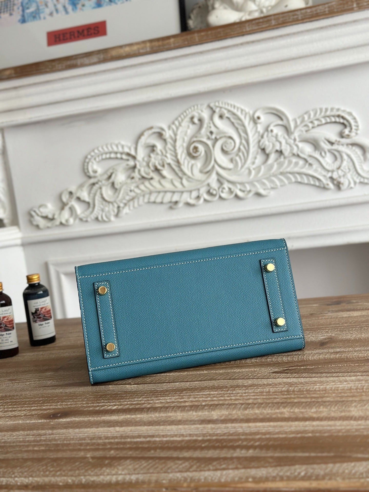 Birkin Style Handbag 25cm | Imported Epsom Leather | Denim Blue, Gold Hardware