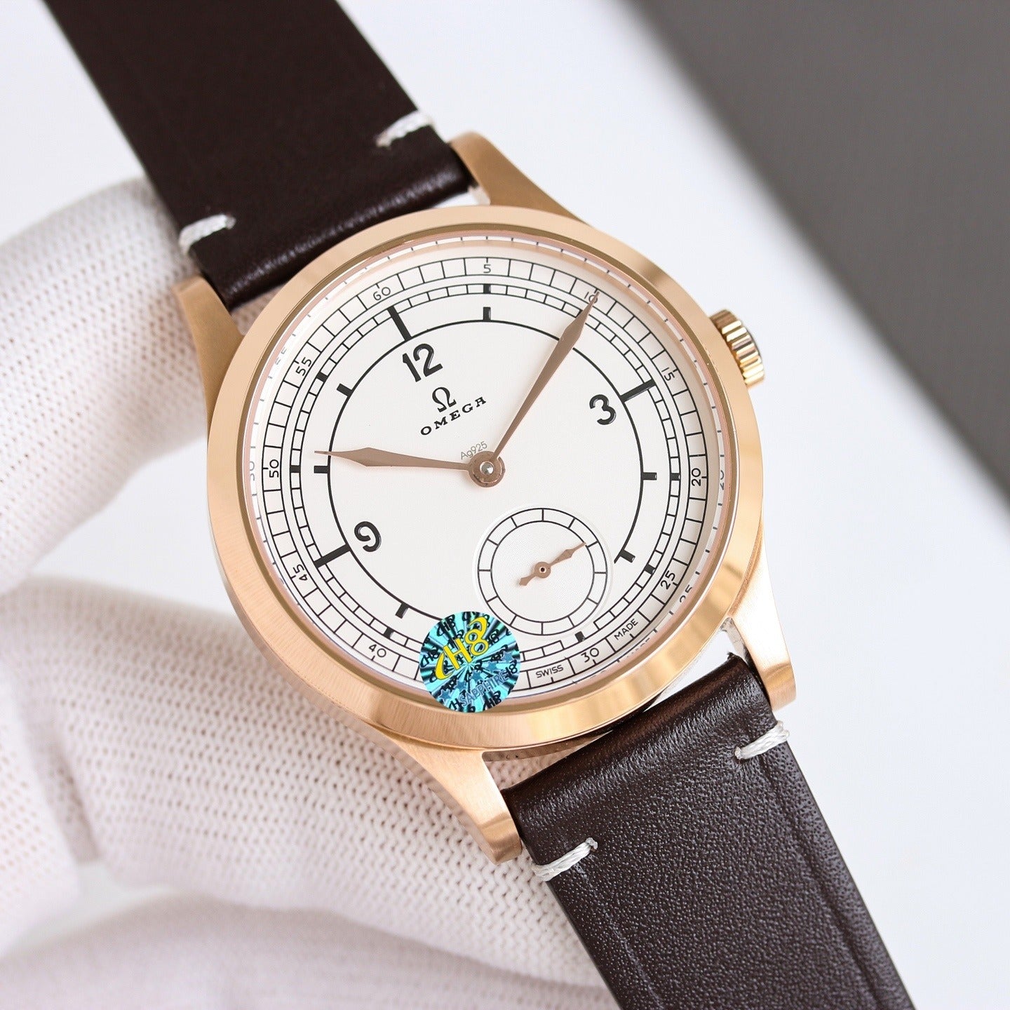 Omega with Railroad Track Minuterie and Brown Leather Strap