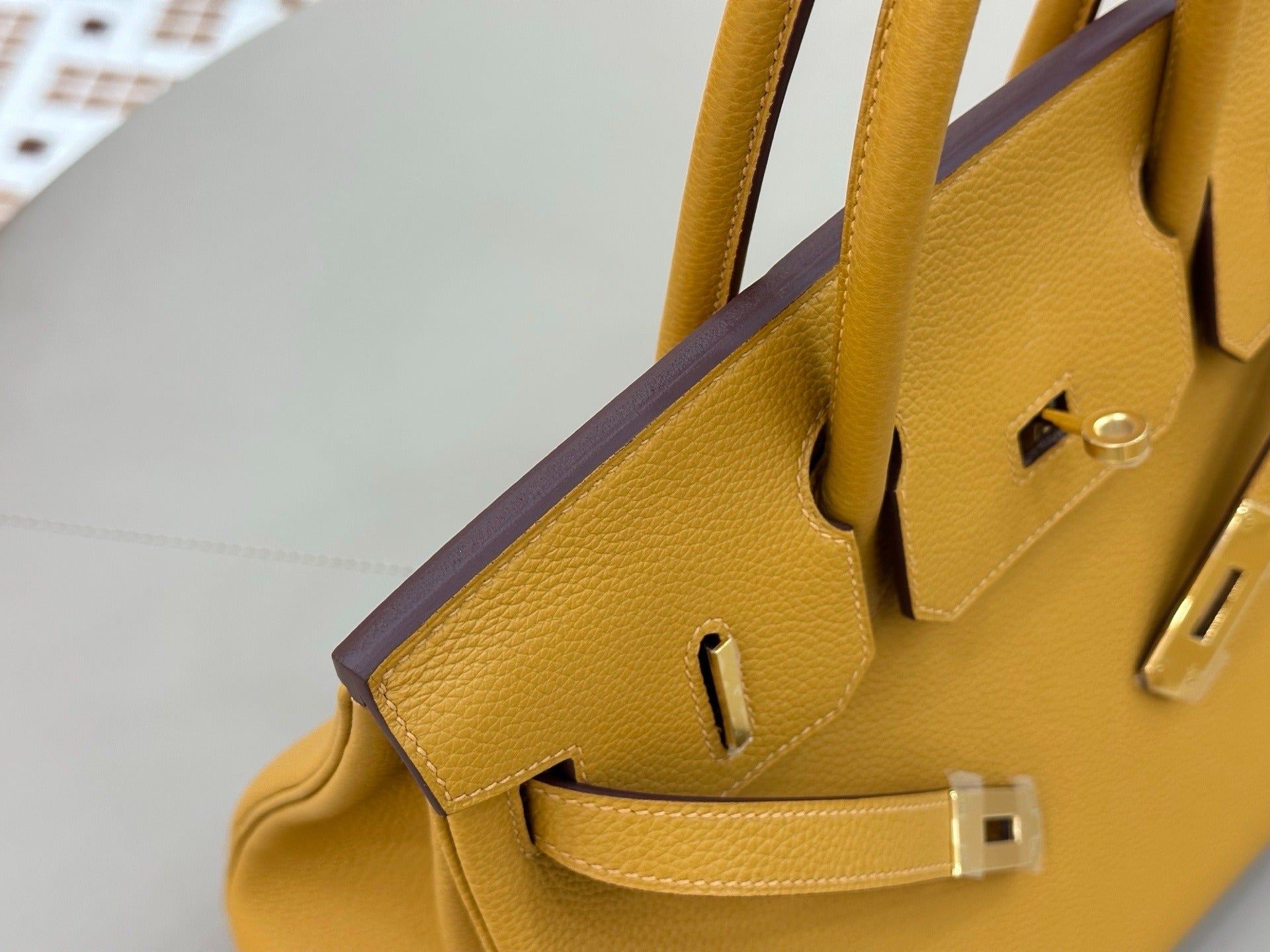 Birkin Style Handbag 30cm | Mustard Yellow Grained Leather | Gold Hardware