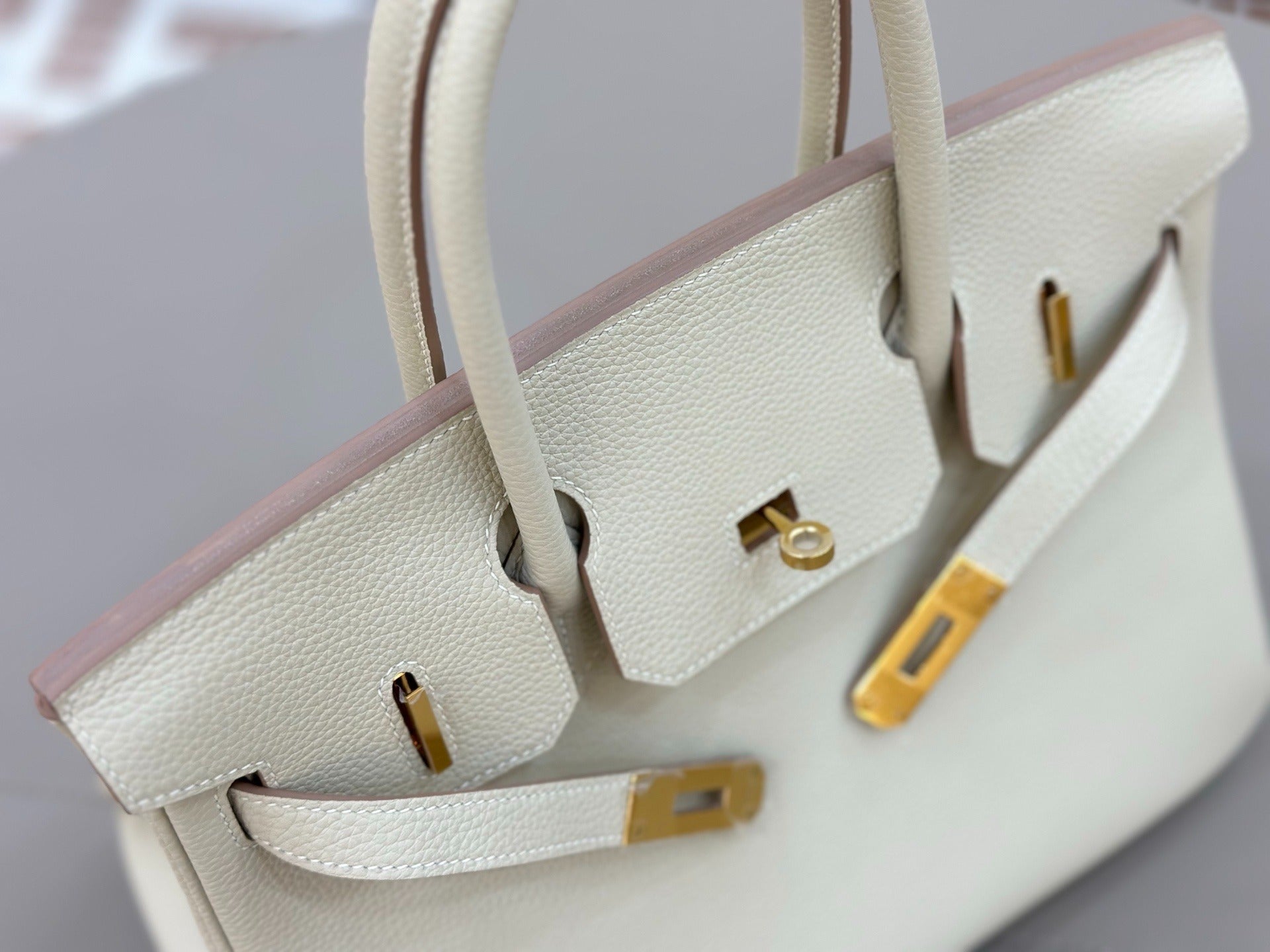 Birkin Style Handbag 30cm | Creamy Off-White Grained Leather | Gold Hardware
