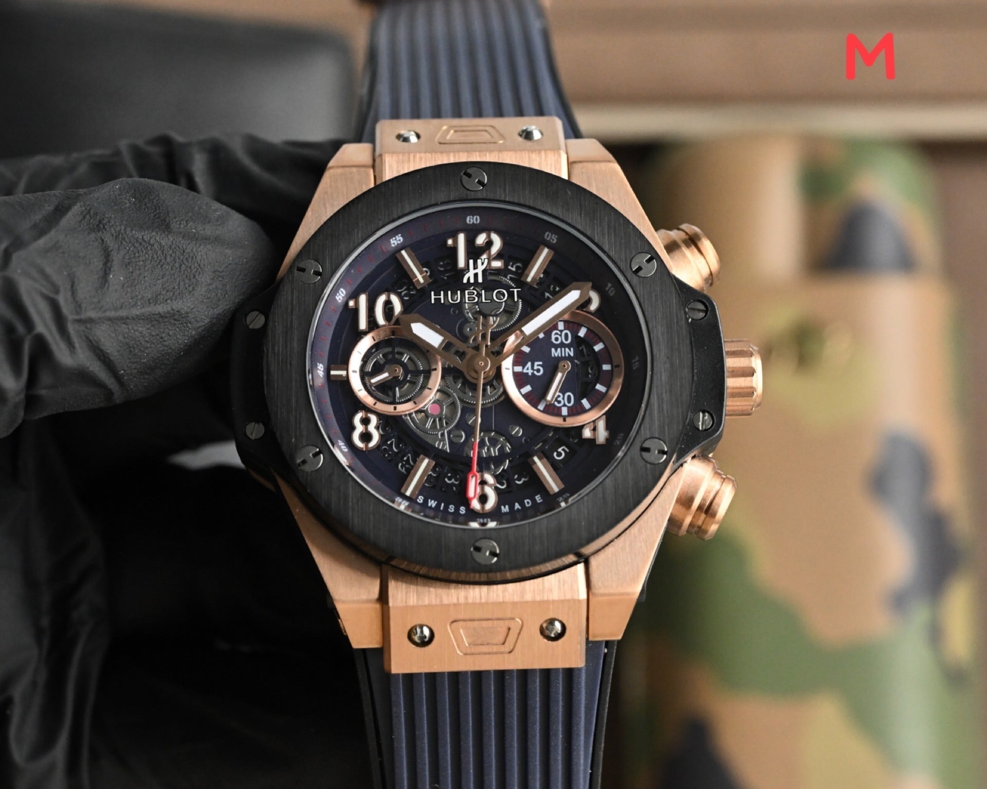 Hublot Big Bang Unico Rose Gold with Black Dial and Blue Strap