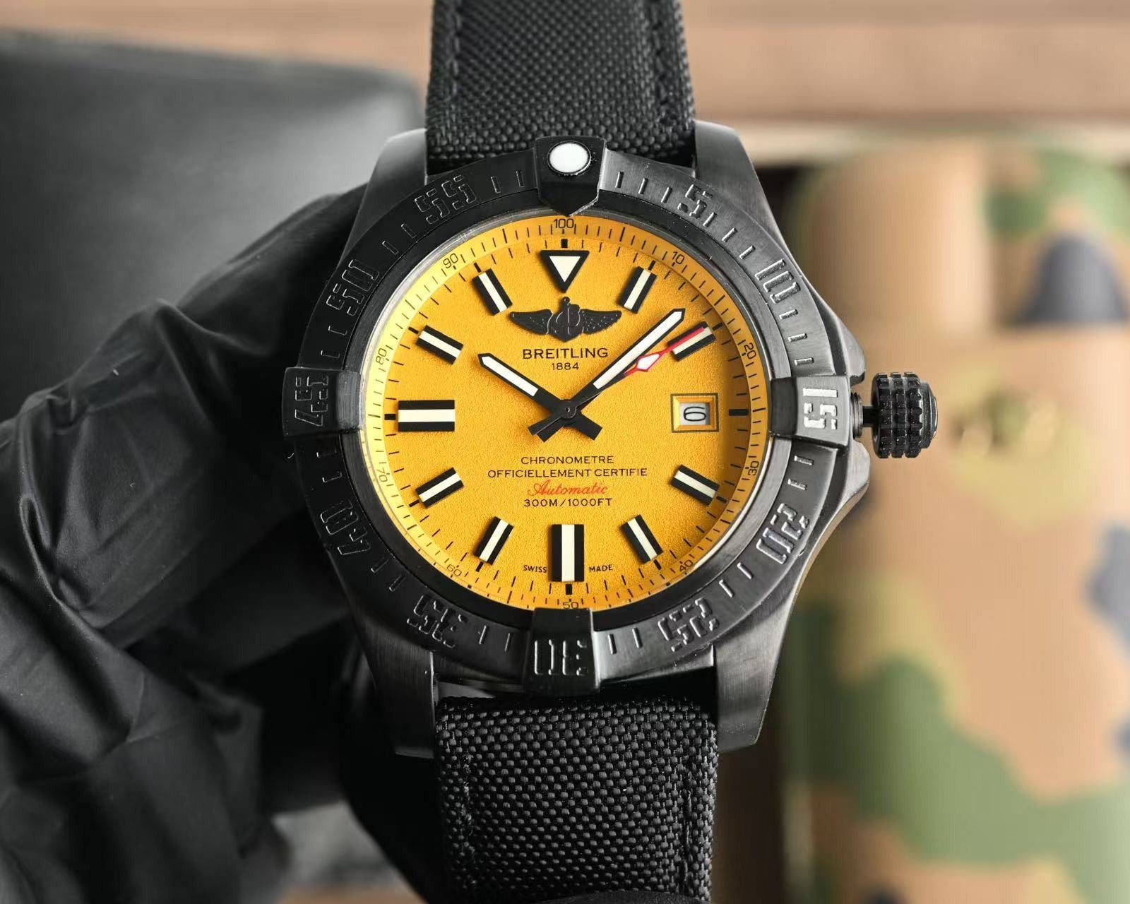 Breitling Super Avenger Automatic Watch 44mm | Black, Yellow Dial | Rubber & Fabric Strap