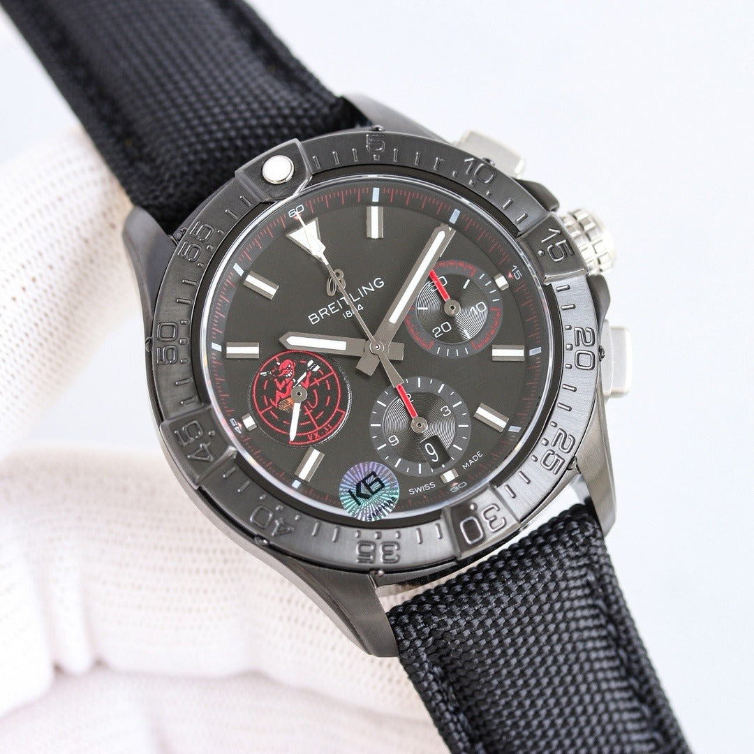 Breitling Super Avenger Chronograph 46 Automatic Watch | Men's Black/Blue Dial & Nylon Strap