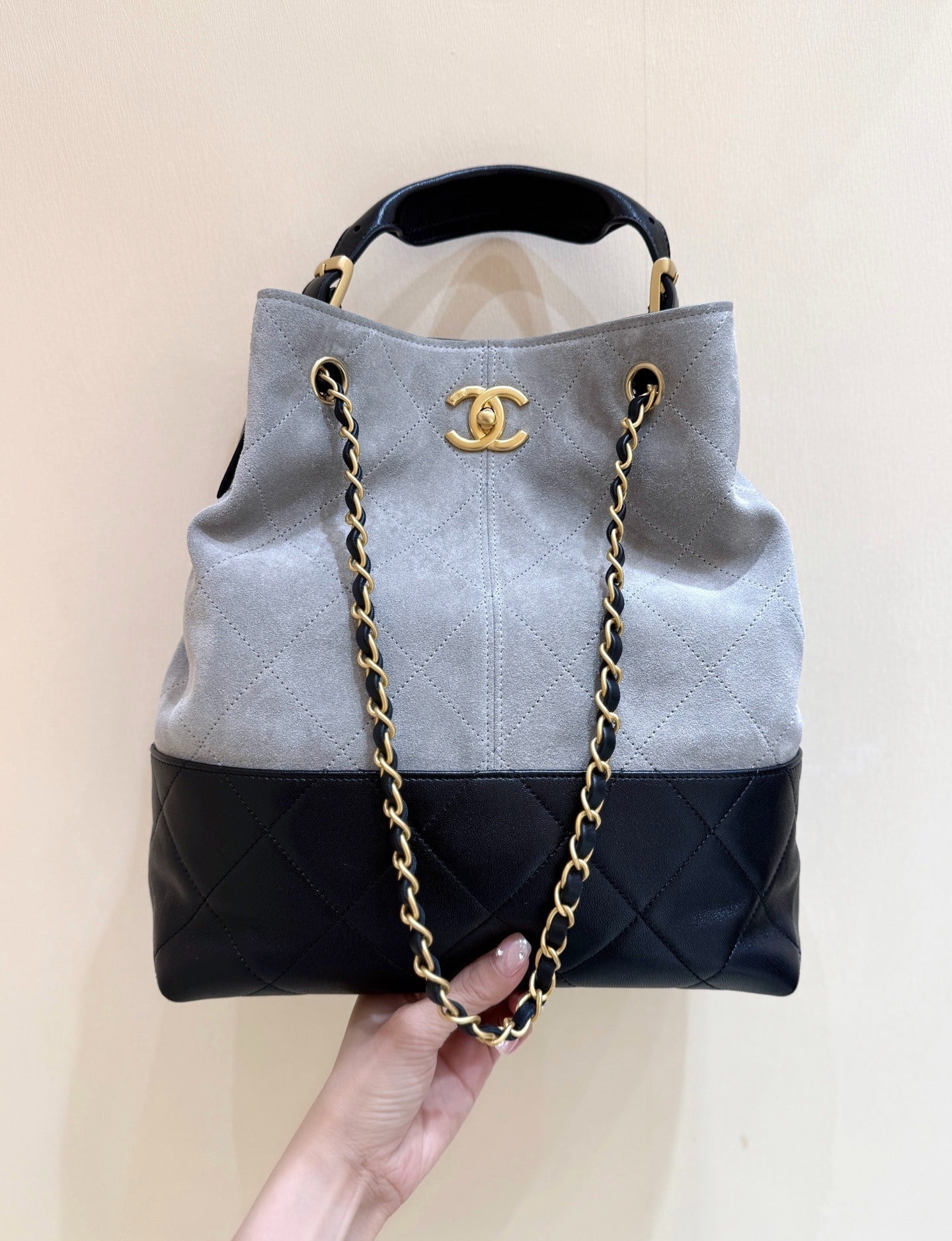 Chanel Gabrielle Hobo Bag | Grey Suede Black Quilted Leather Gold Chain