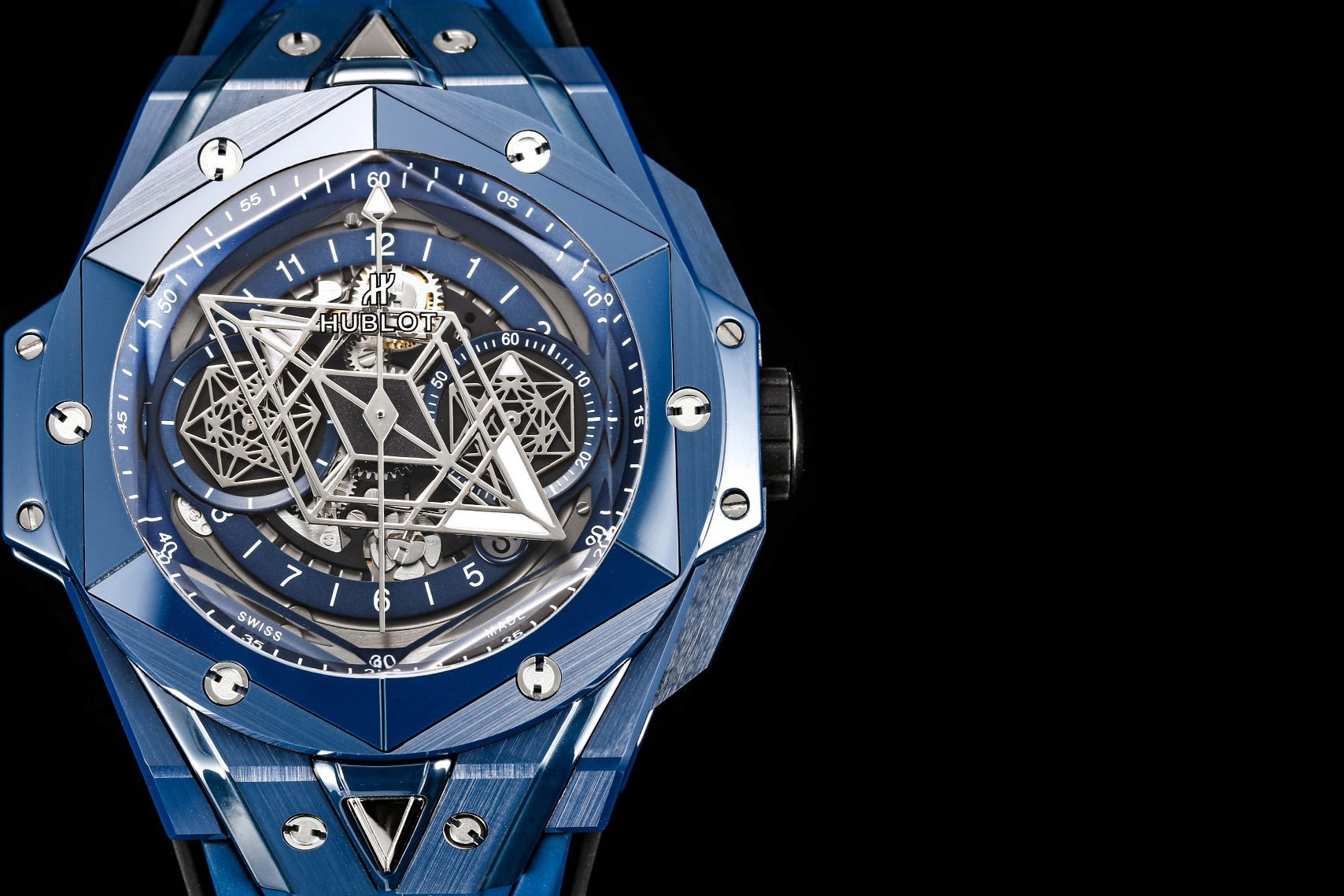 Blue Ceramic Hublot Sang Bleu with Geometric Skeleton Dial