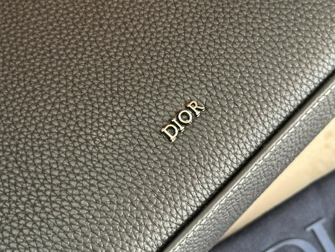 Christian Dior Style Flap Pouch | Black Grained Leather Contrasting Stitch
