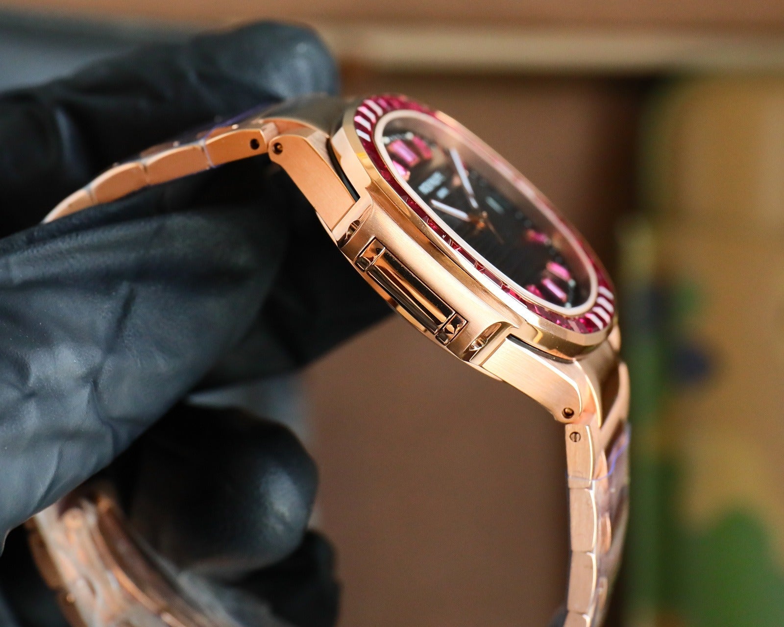 Patek Philippe Nautilus Style Automatic Watch | Ruby-Set Bezel, Rose Gold & Steel