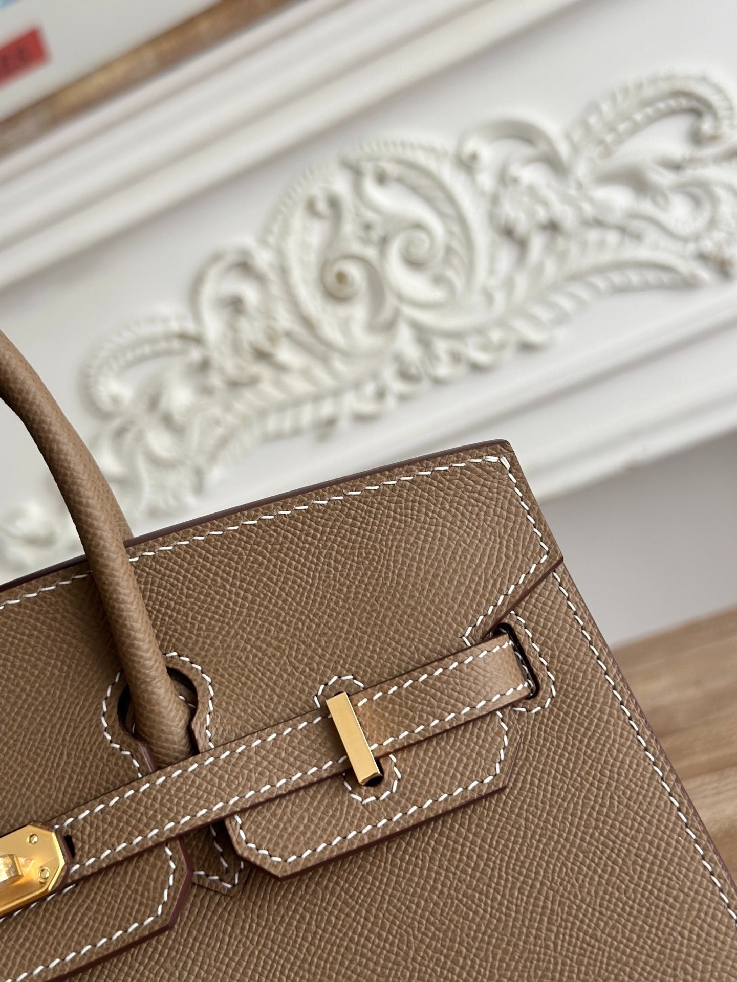 Birkin Style Handbag 25cm | Imported Epsom Leather | Large Gray, Gold Hardware