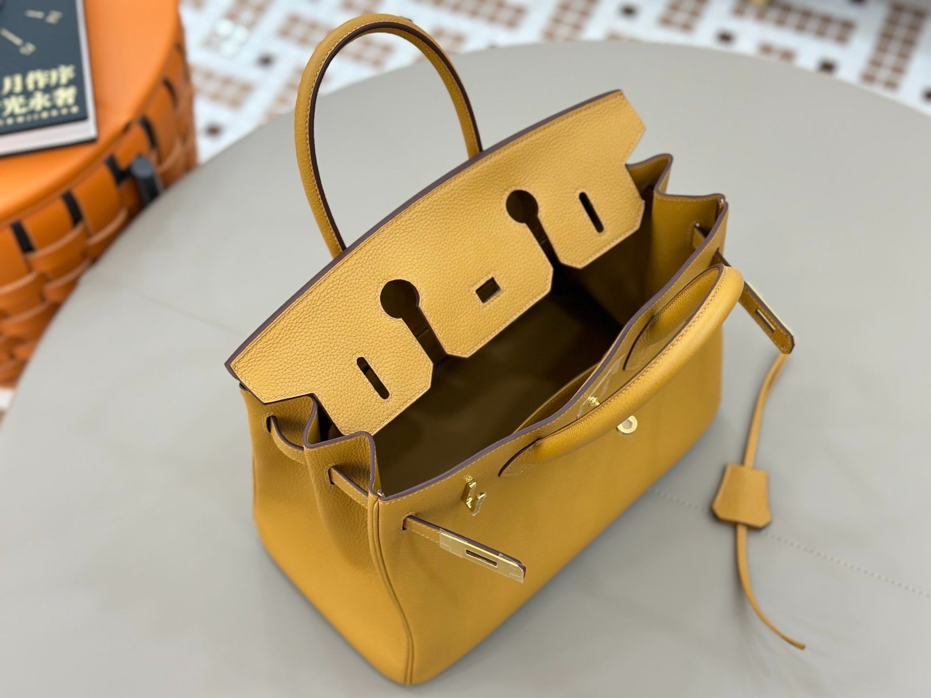 Birkin Style Handbag 30cm | Mustard Yellow Grained Leather | Gold Hardware