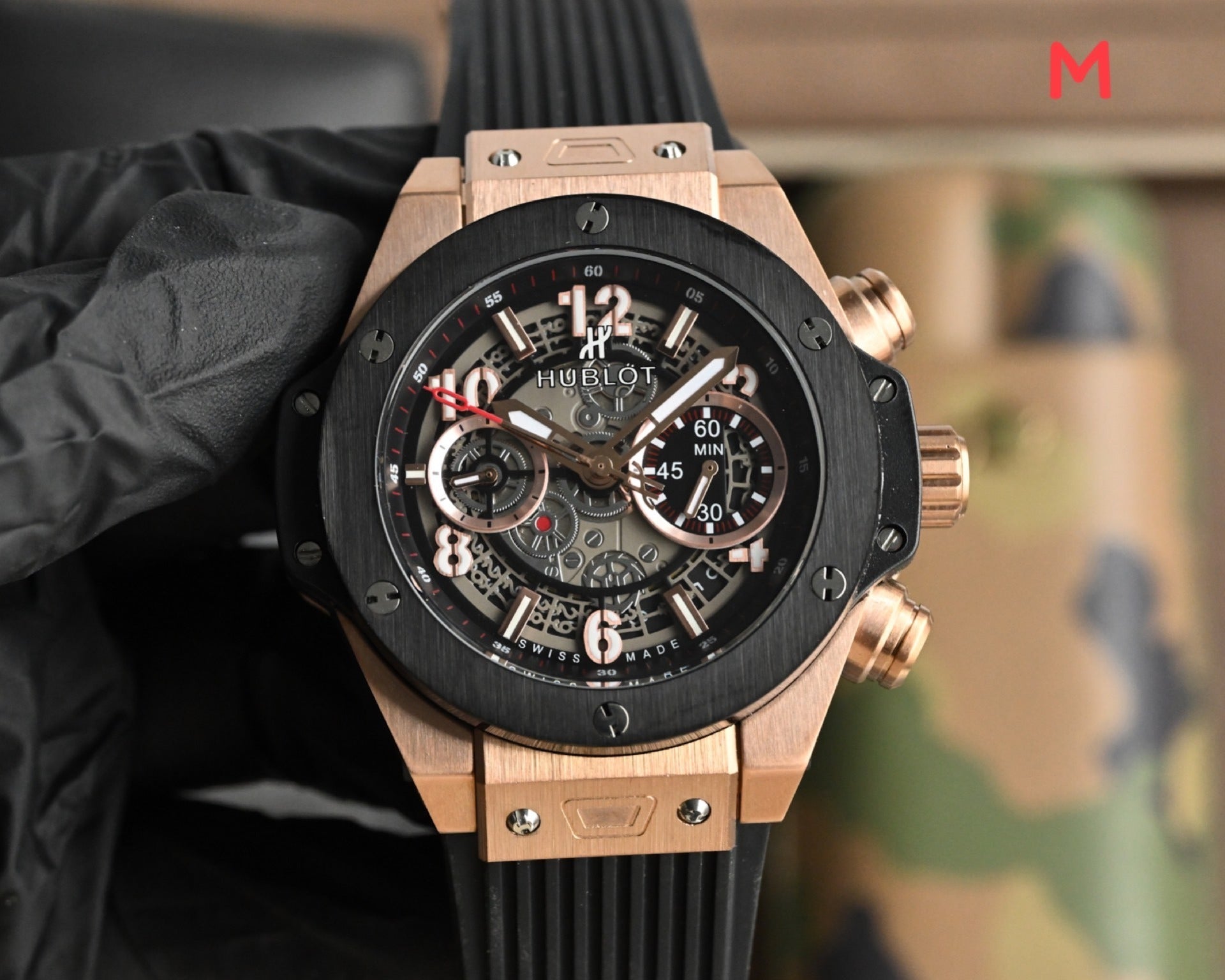 Hublot Big Bang Unico Rose Gold with Black Dial and Blue Strap