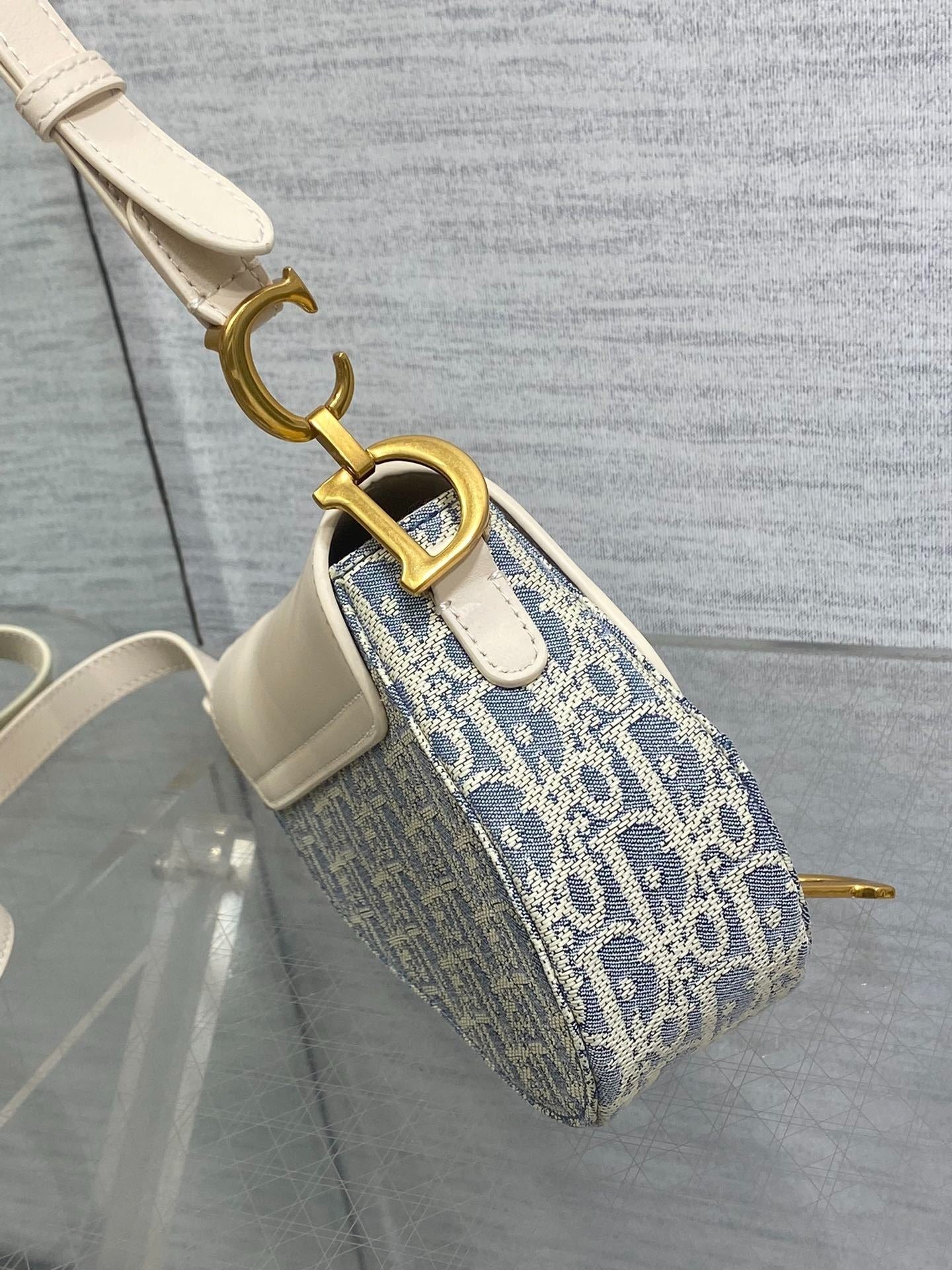 Christian Dior Saddle Bag 19.5cm | Sky Blue Raffia Oblique