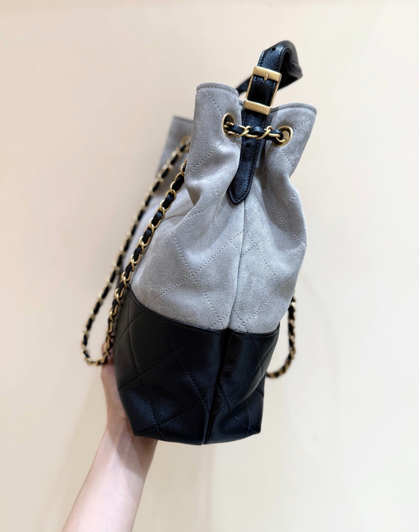 Chanel Gabrielle Hobo Bag | Grey Suede Black Quilted Leather Gold Chain