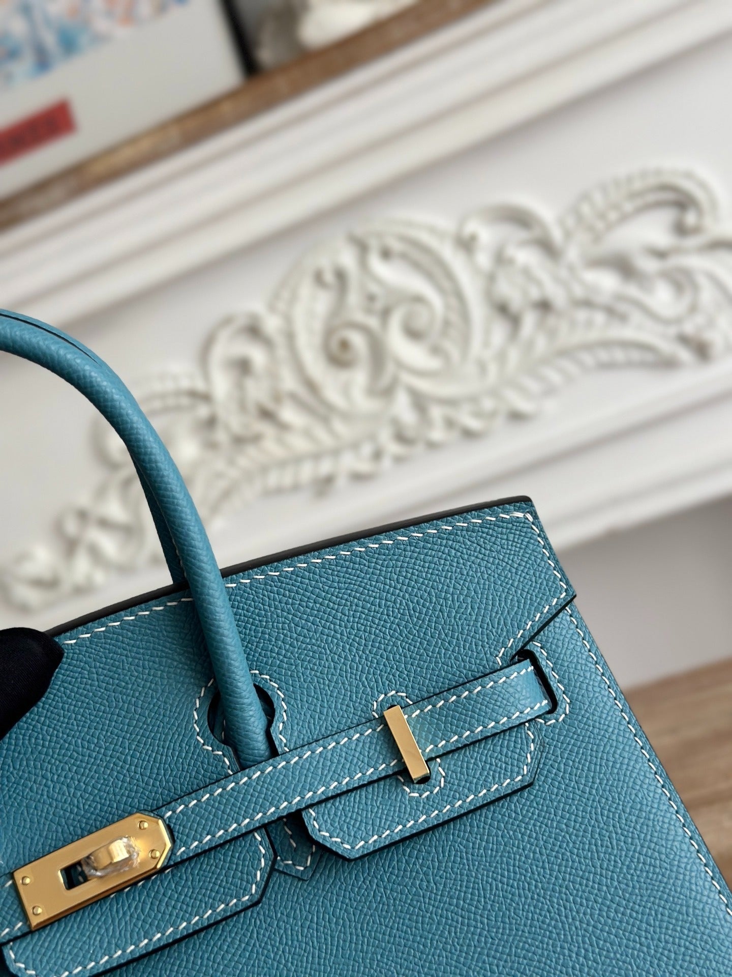 Birkin Style Handbag 25cm | Imported Epsom Leather | Denim Blue, Gold Hardware