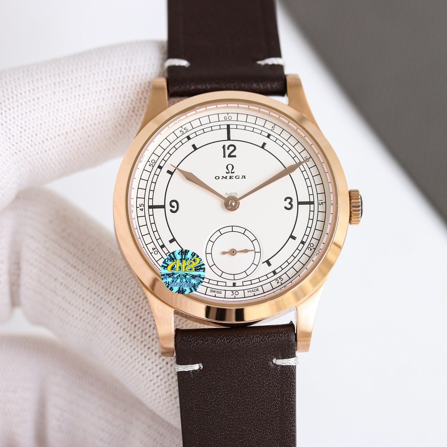 Omega with Railroad Track Minuterie and Brown Leather Strap