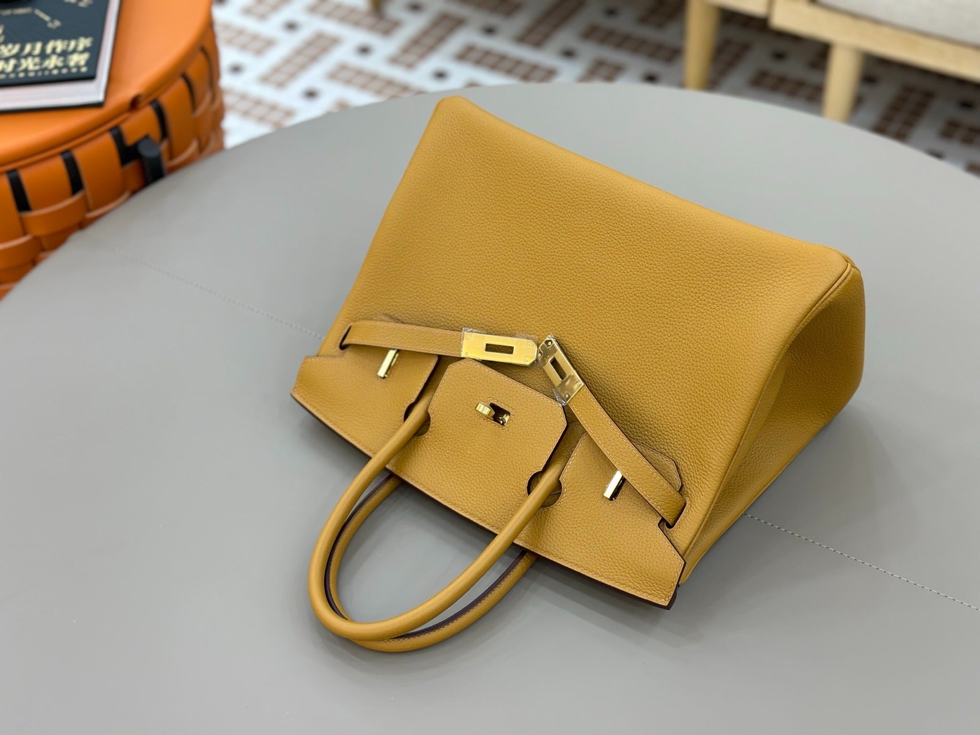 Birkin Style Handbag 30cm | Mustard Yellow Grained Leather | Gold Hardware