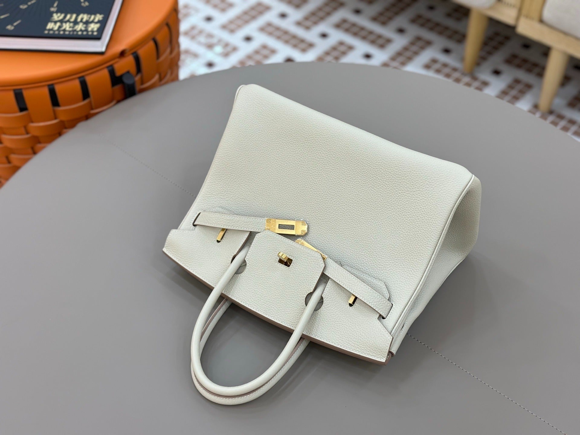 Birkin Style Handbag 30cm | Creamy Off-White Grained Leather | Gold Hardware
