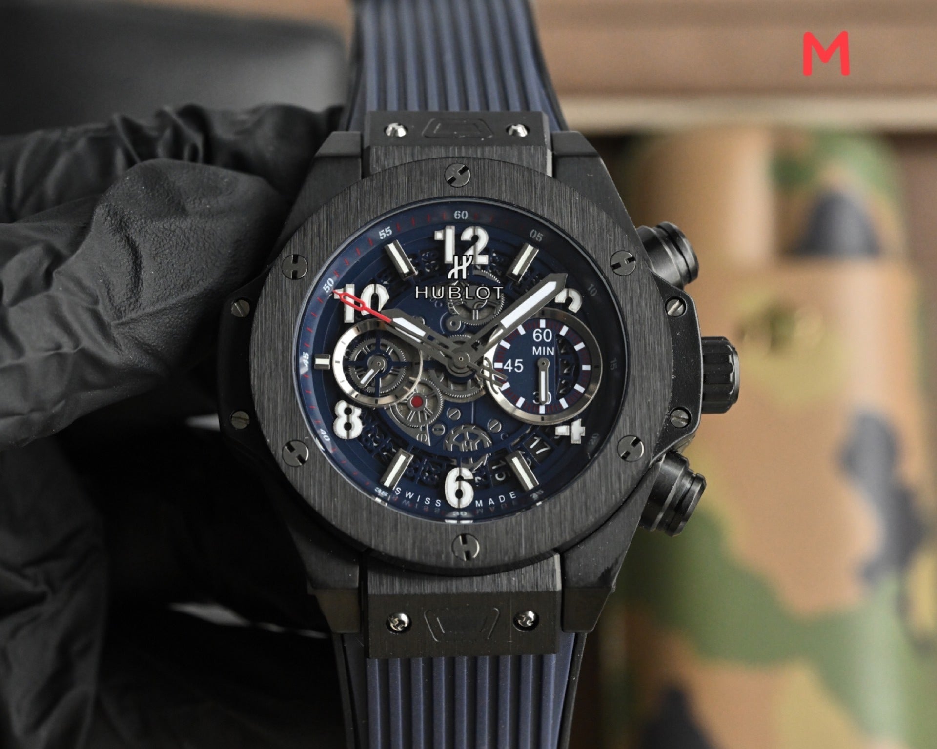 Hublot Big Bang Unico Rose Gold with Black Dial and Blue Strap