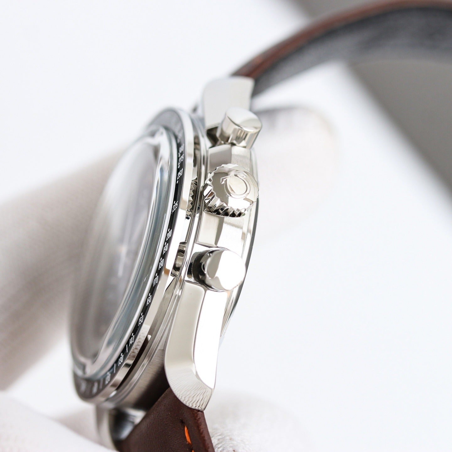 Stainless Steel Omega Speedmaster on Brown Leather Strap