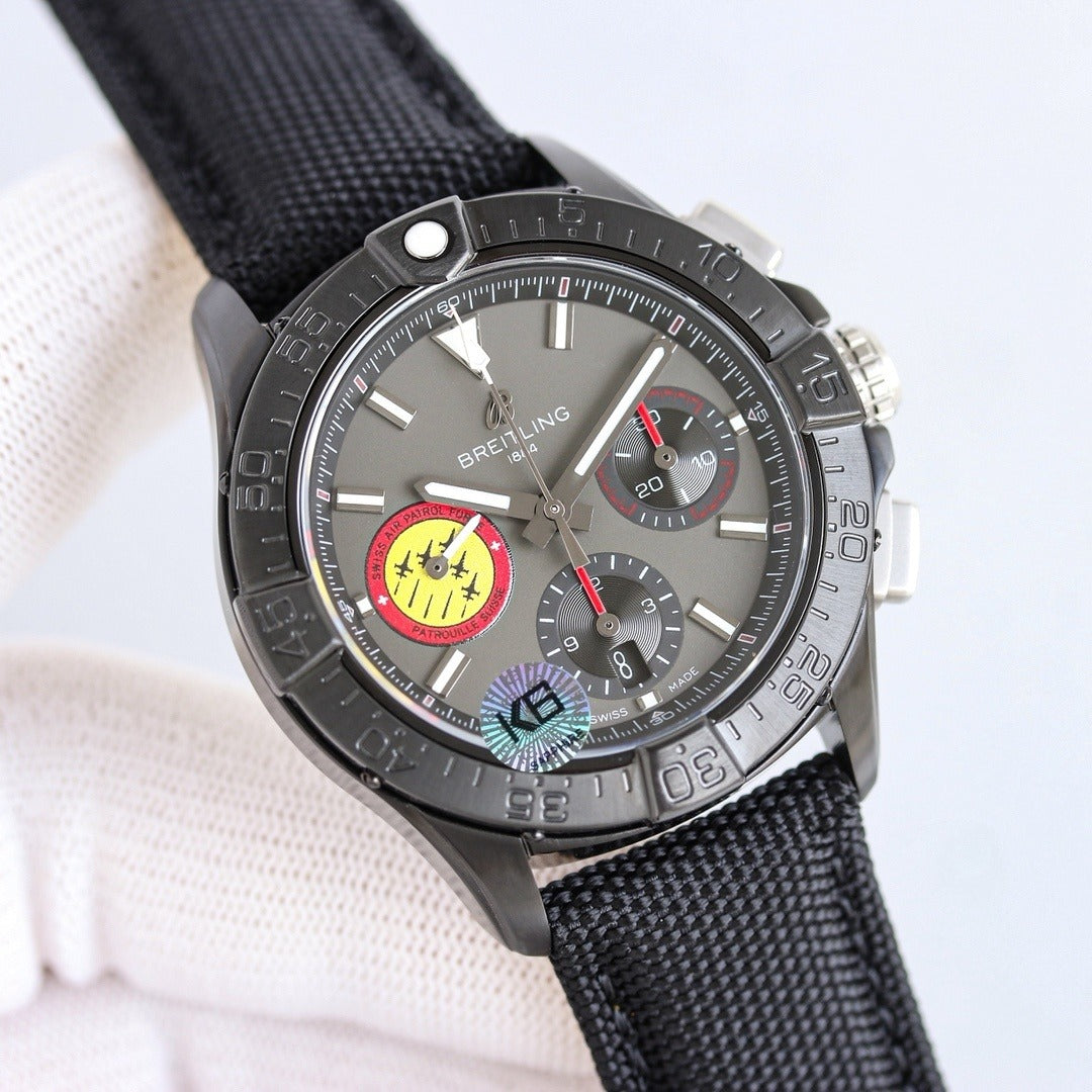 Breitling Super Avenger Chronograph 46 Automatic Watch | Men's Black/Blue Dial & Nylon Strap