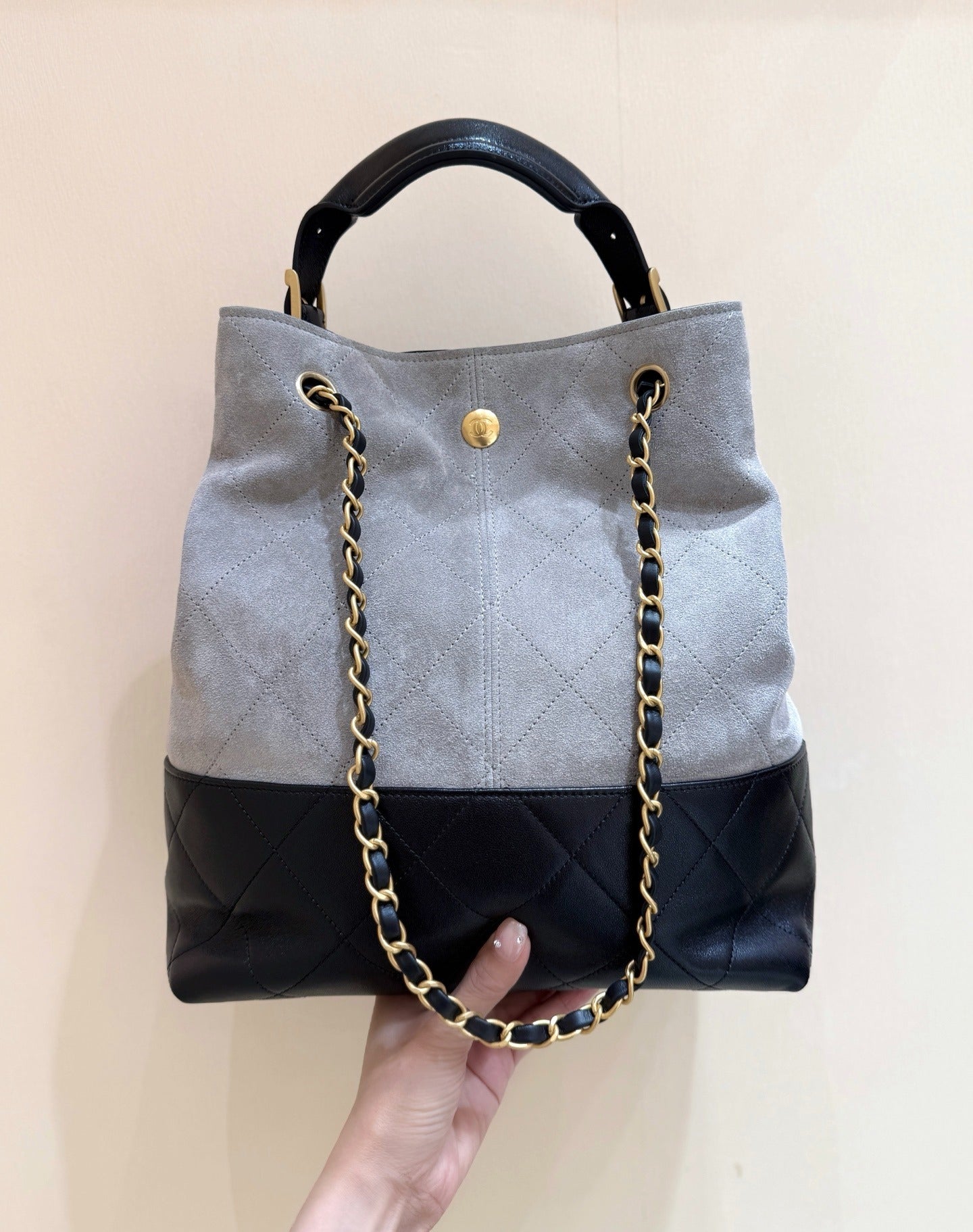 Chanel Gabrielle Hobo Bag | Grey Suede Black Quilted Leather Gold Chain
