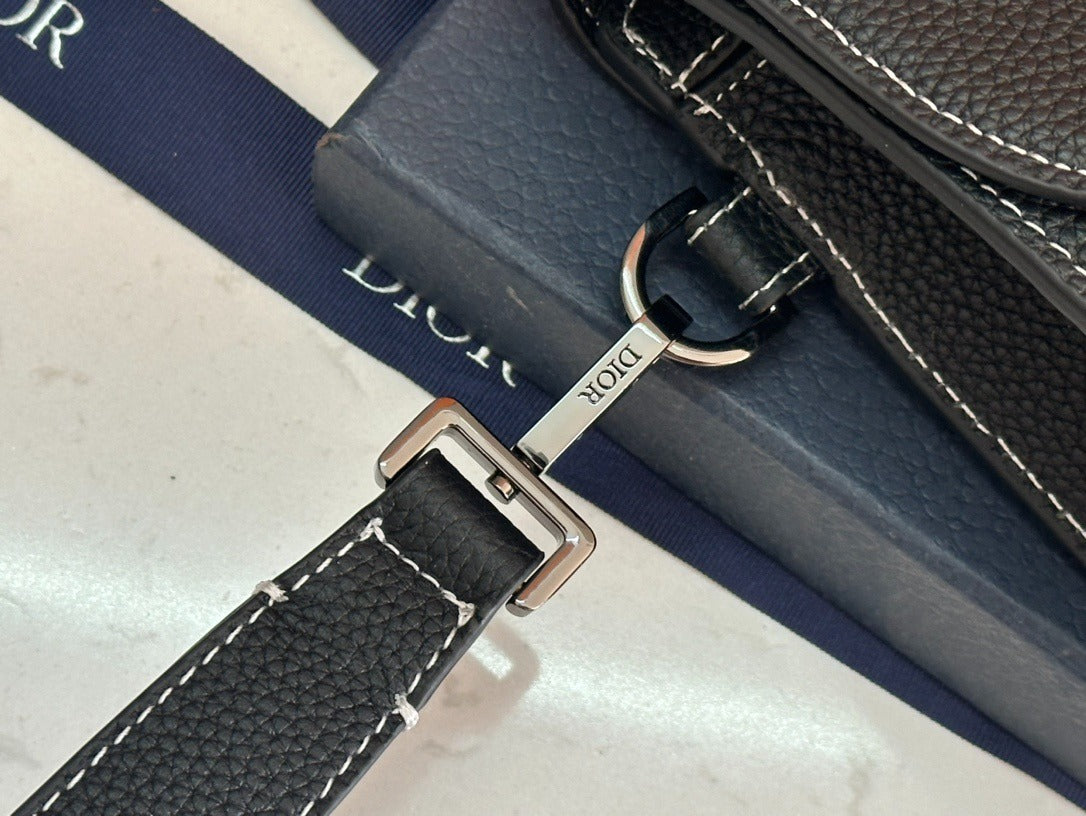 Christian Dior Style Flap Pouch | Black Grained Leather Contrasting Stitch