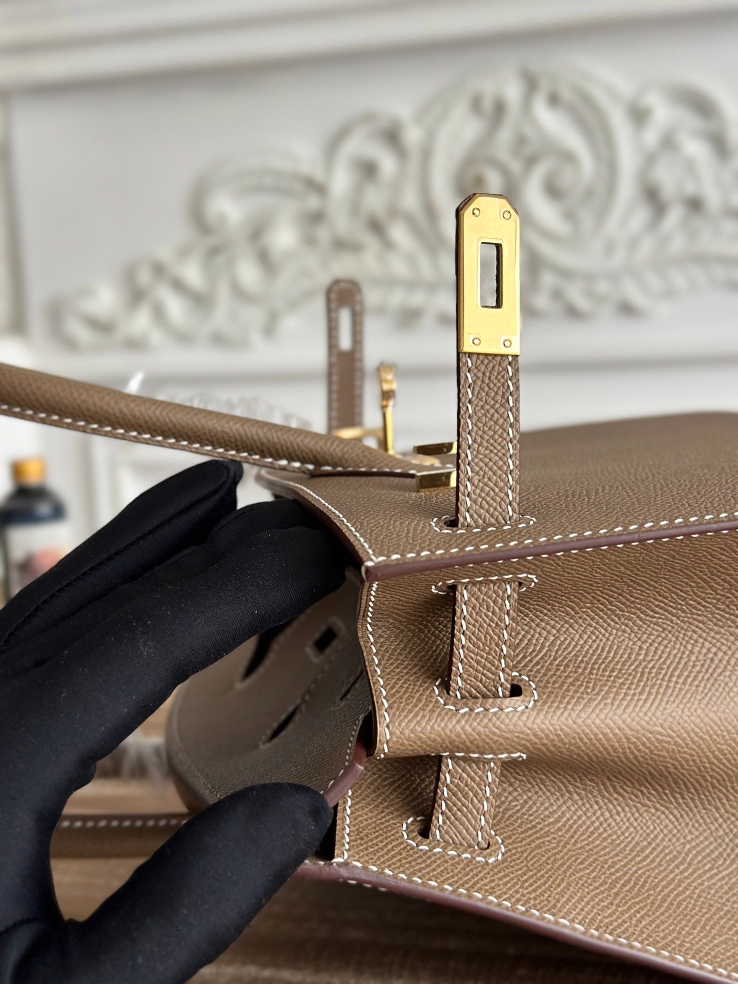 Birkin Style Handbag 25cm | Imported Epsom Leather | Large Gray, Gold Hardware