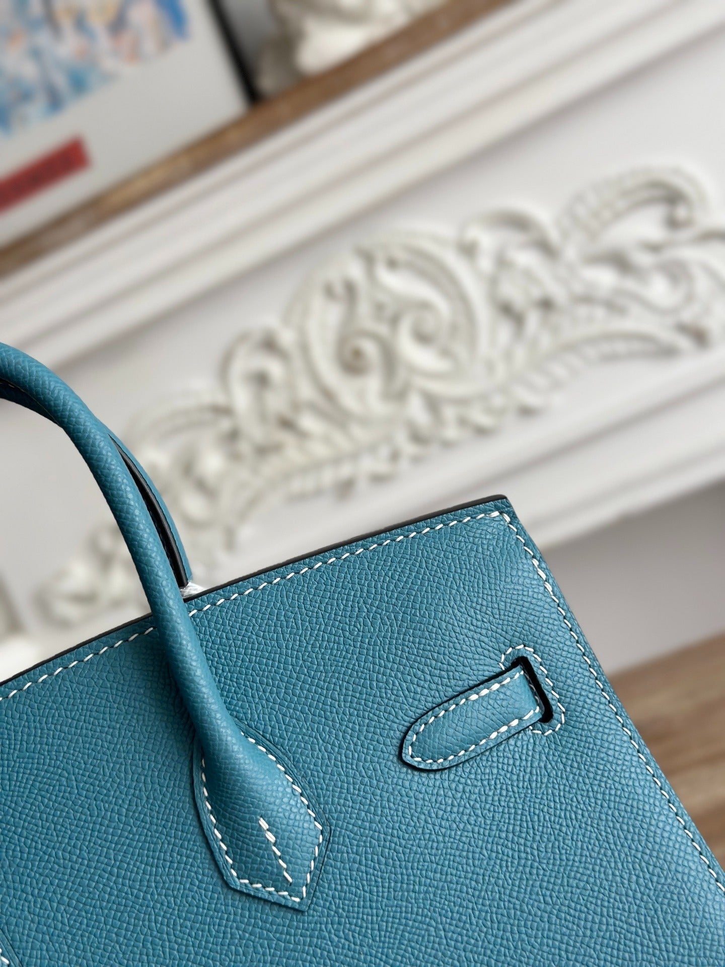 Birkin Style Handbag 25cm | Imported Epsom Leather | Denim Blue, Gold Hardware