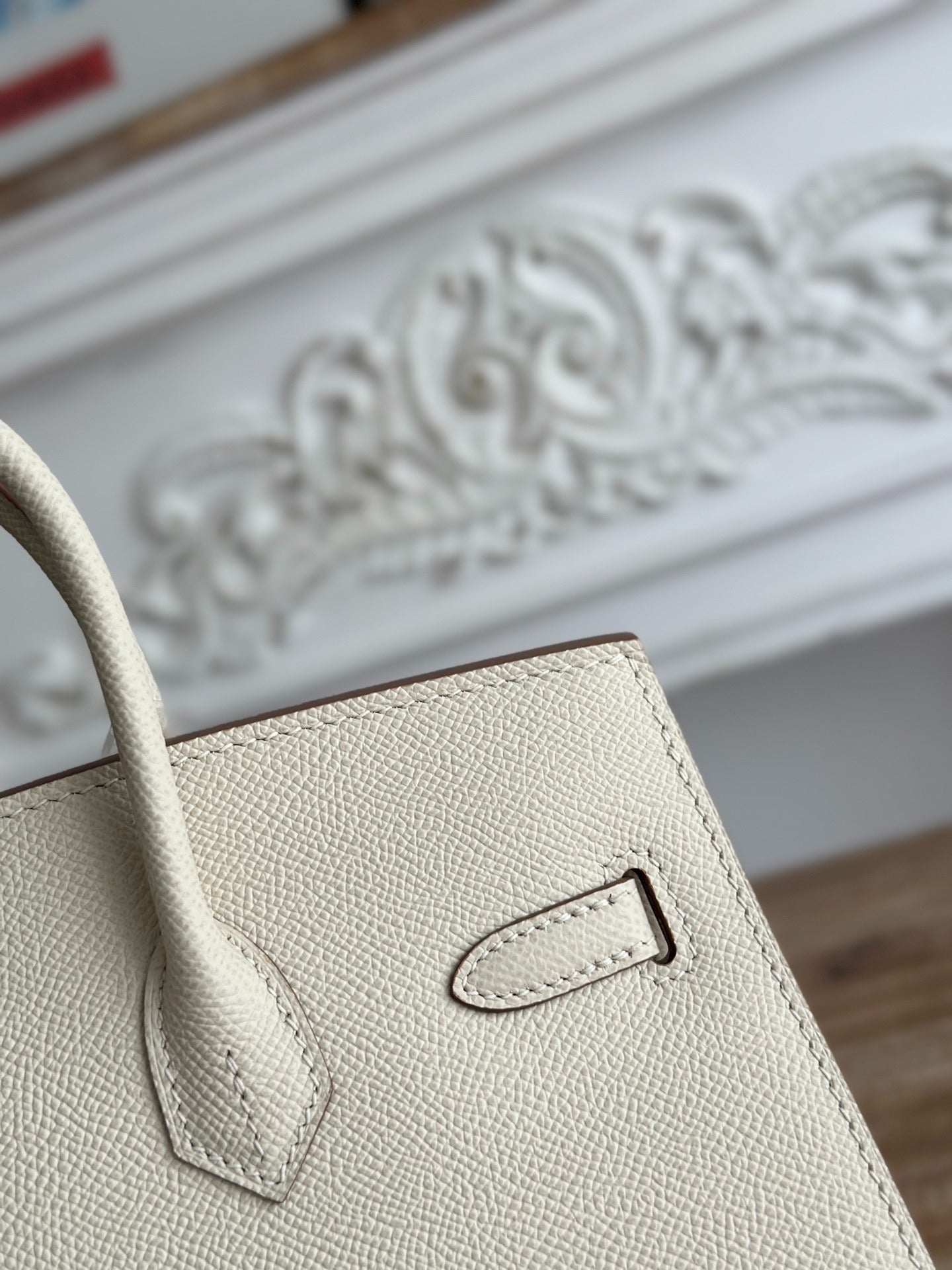 Birkin Style Handbag | 25cm Epsom Leather Tote | Creamy Off-White, Gold Hardware