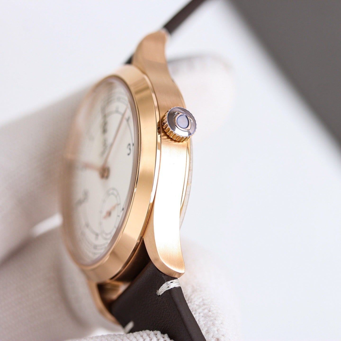 Omega with Railroad Track Minuterie and Brown Leather Strap