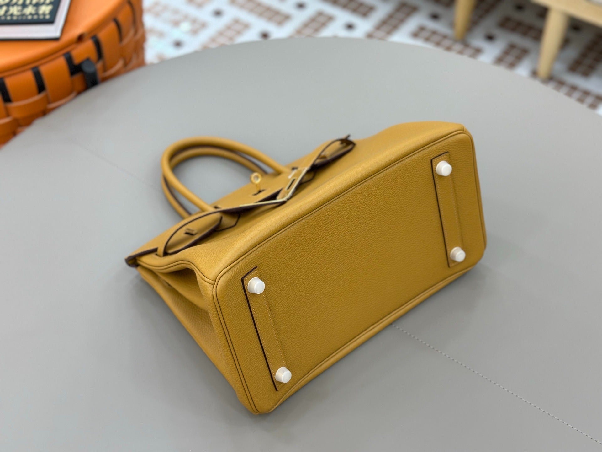 Birkin Style Handbag 30cm | Mustard Yellow Grained Leather | Gold Hardware