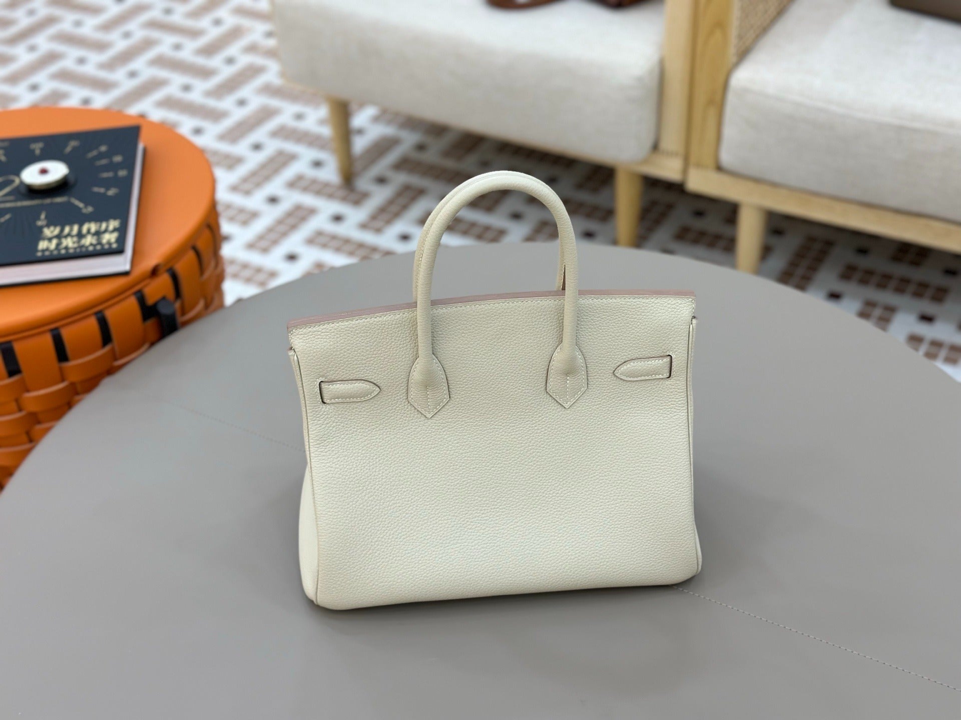 Birkin Style Handbag 30cm | Creamy Off-White Grained Leather | Gold Hardware