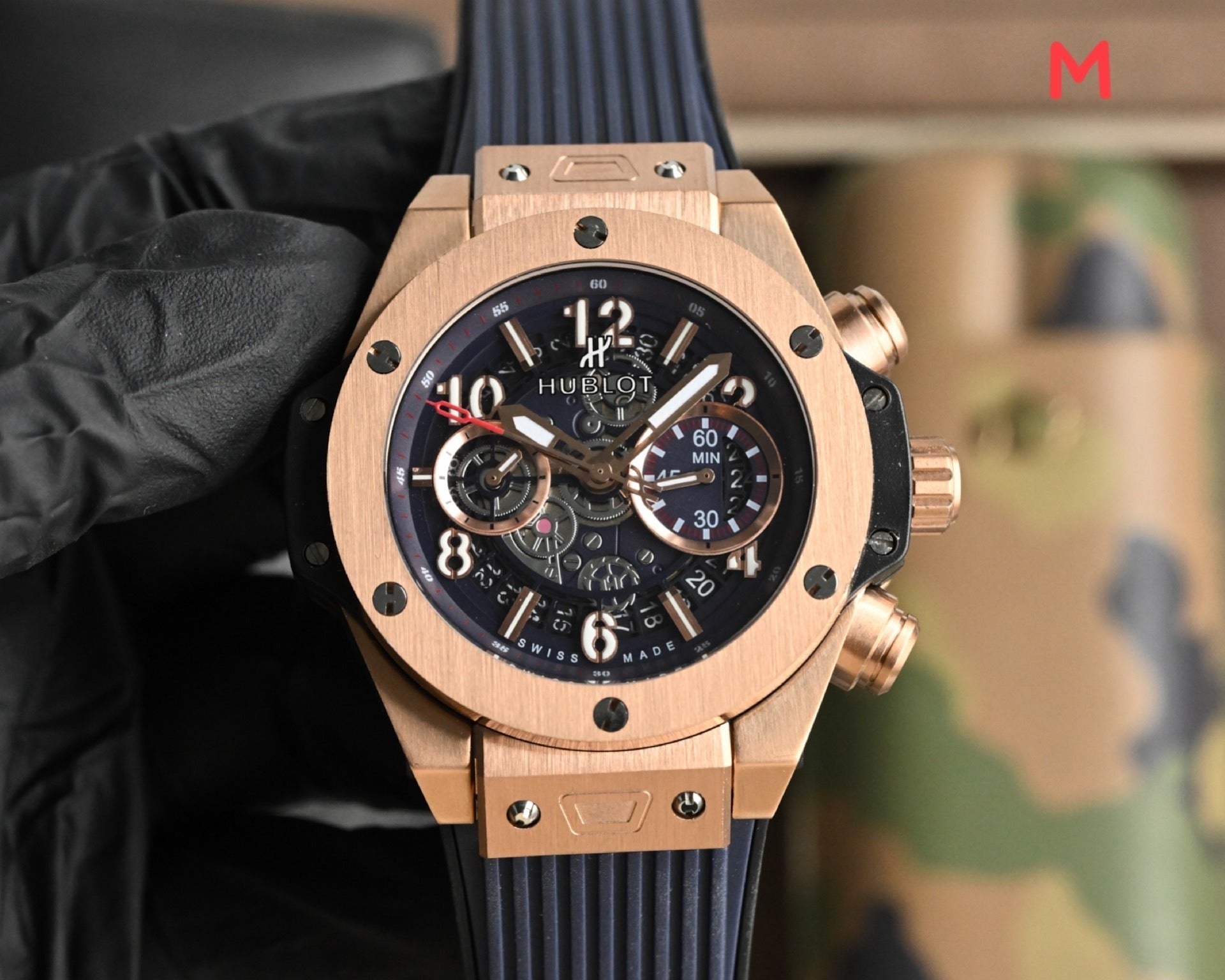 Hublot Big Bang Unico Rose Gold with Black Dial and Blue Strap
