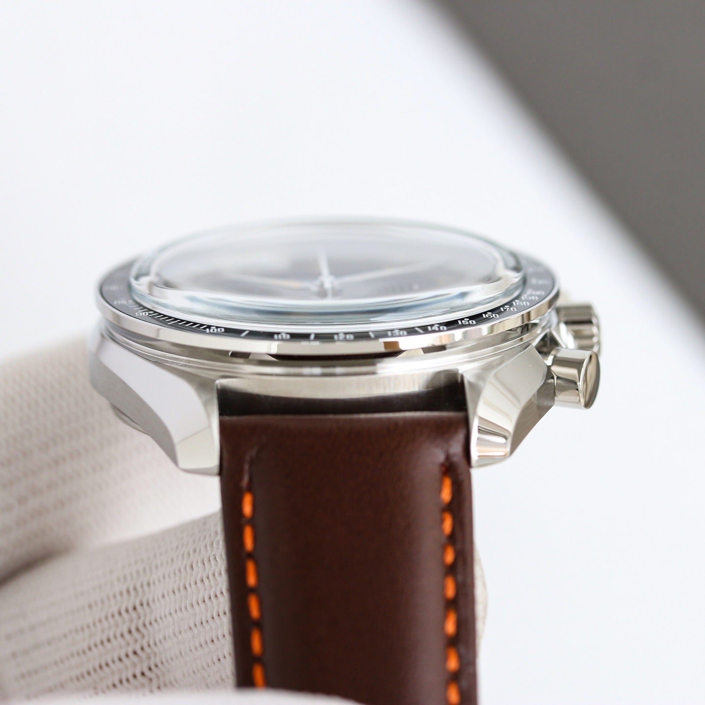 Stainless Steel Omega Speedmaster on Brown Leather Strap