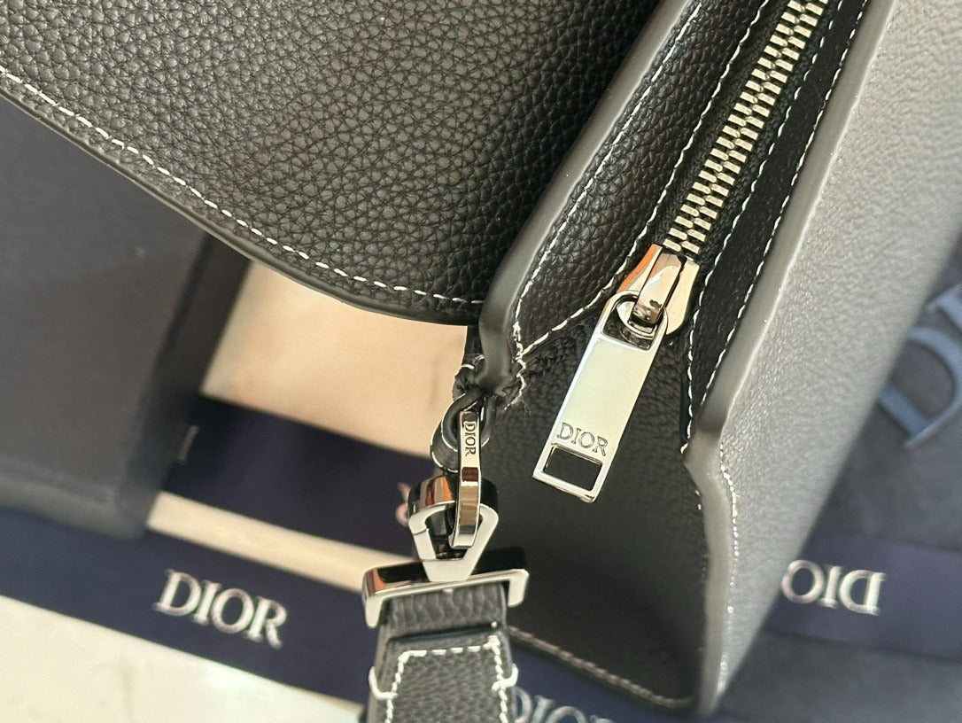 Christian Dior Style Flap Pouch | Black Grained Leather Contrasting Stitch