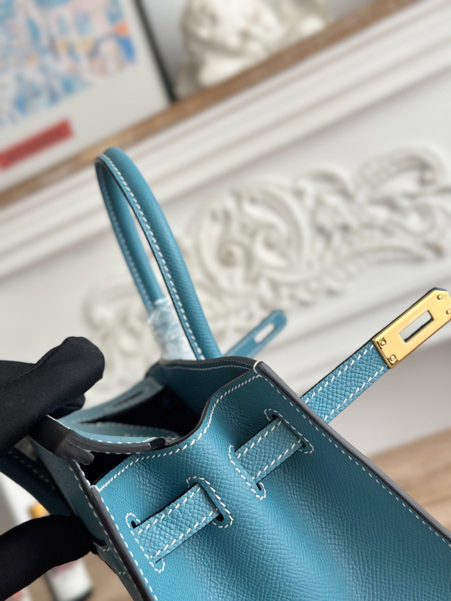 Birkin Style Handbag 25cm | Imported Epsom Leather | Denim Blue, Gold Hardware