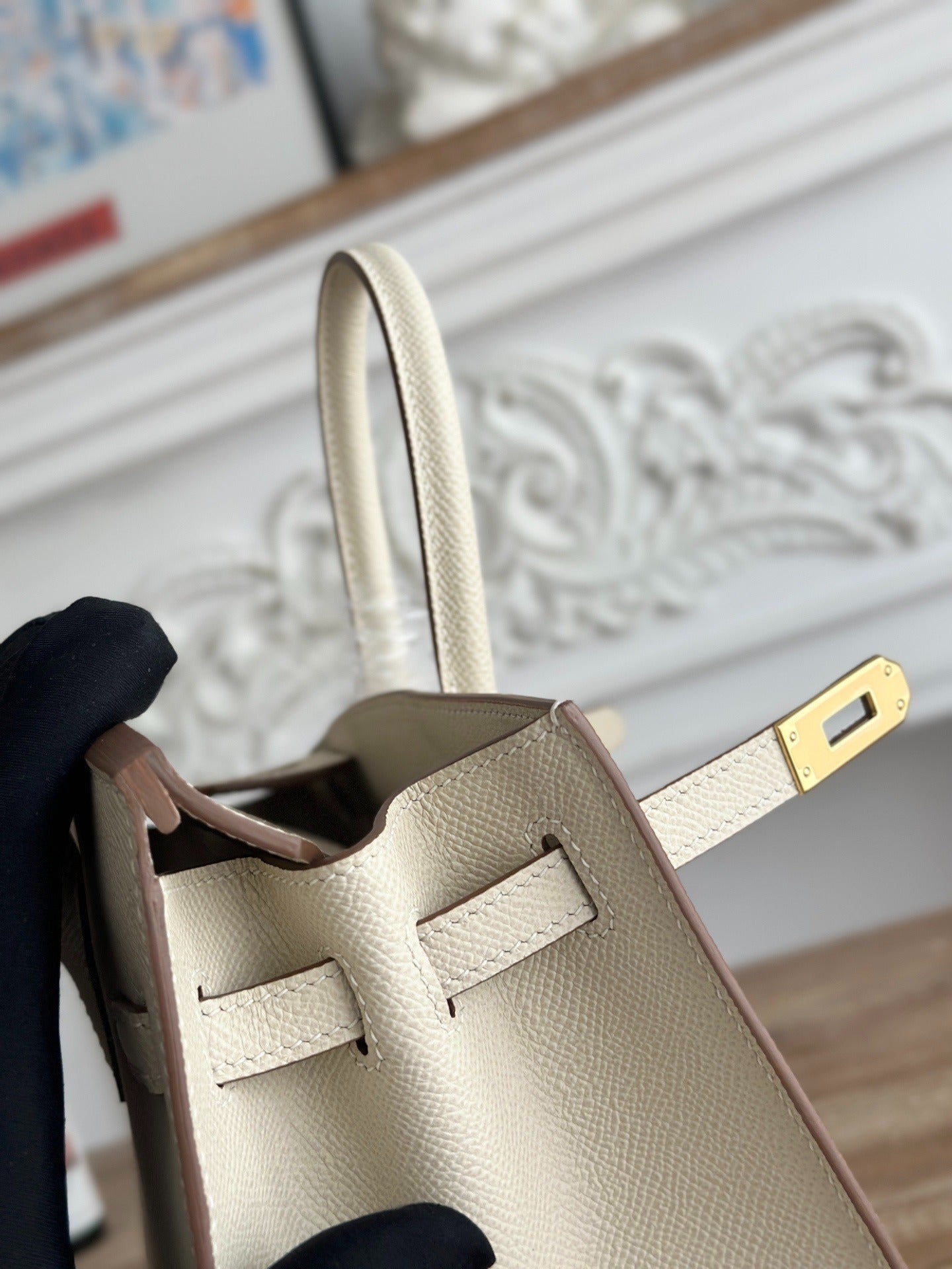 Birkin Style Handbag | 25cm Epsom Leather Tote | Creamy Off-White, Gold Hardware
